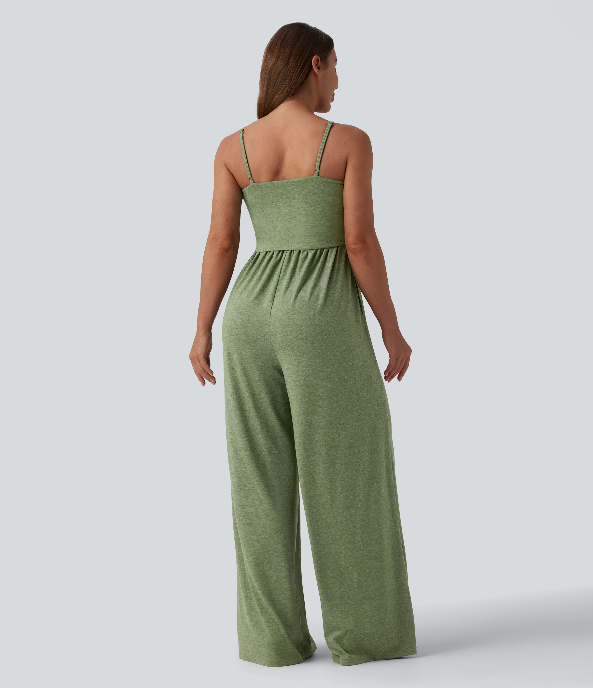 Light Green Floral Yarn Mono casual con tirantes ajustables, fruncidos, pierna ancha, tejido jaspeado y bolsillos - Easy Peezy / 2