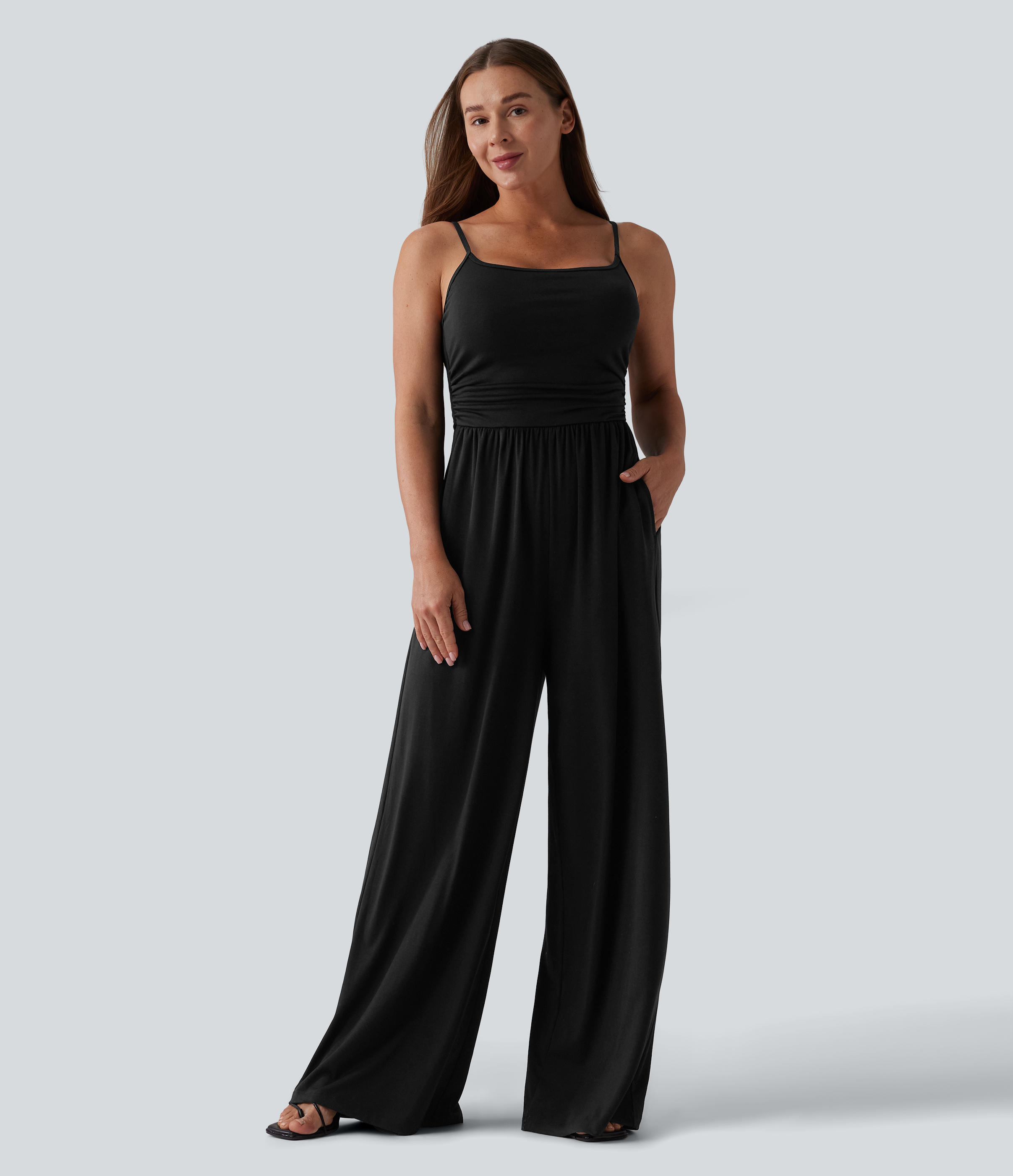 Adjustable Straps Ruched Wide Leg Heathered Casual Jumpsuit with Pockets-Easy Peezy