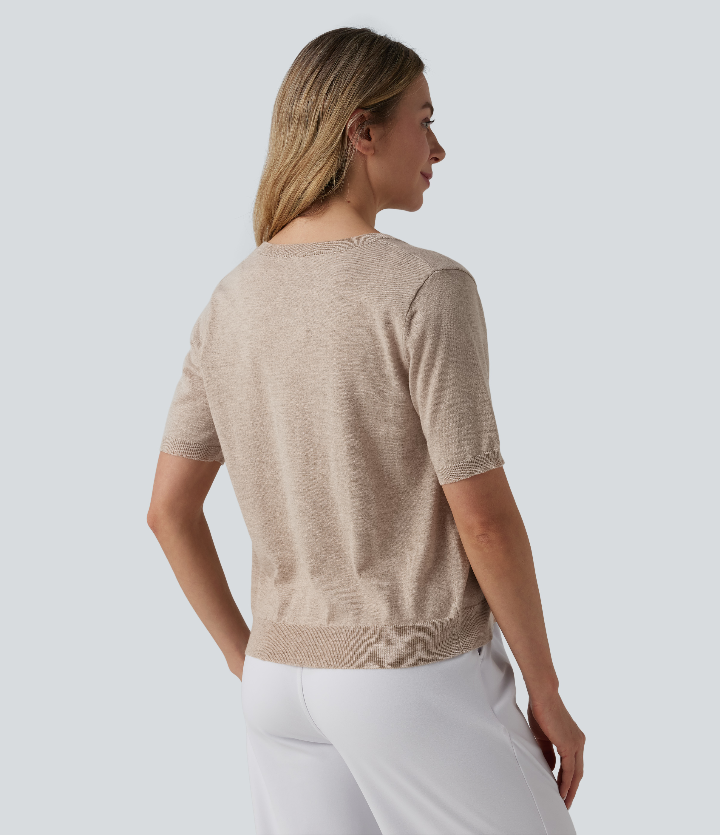 Cement Crew Neck Short Sleeve Work Wool-Blend Cardigan / 2