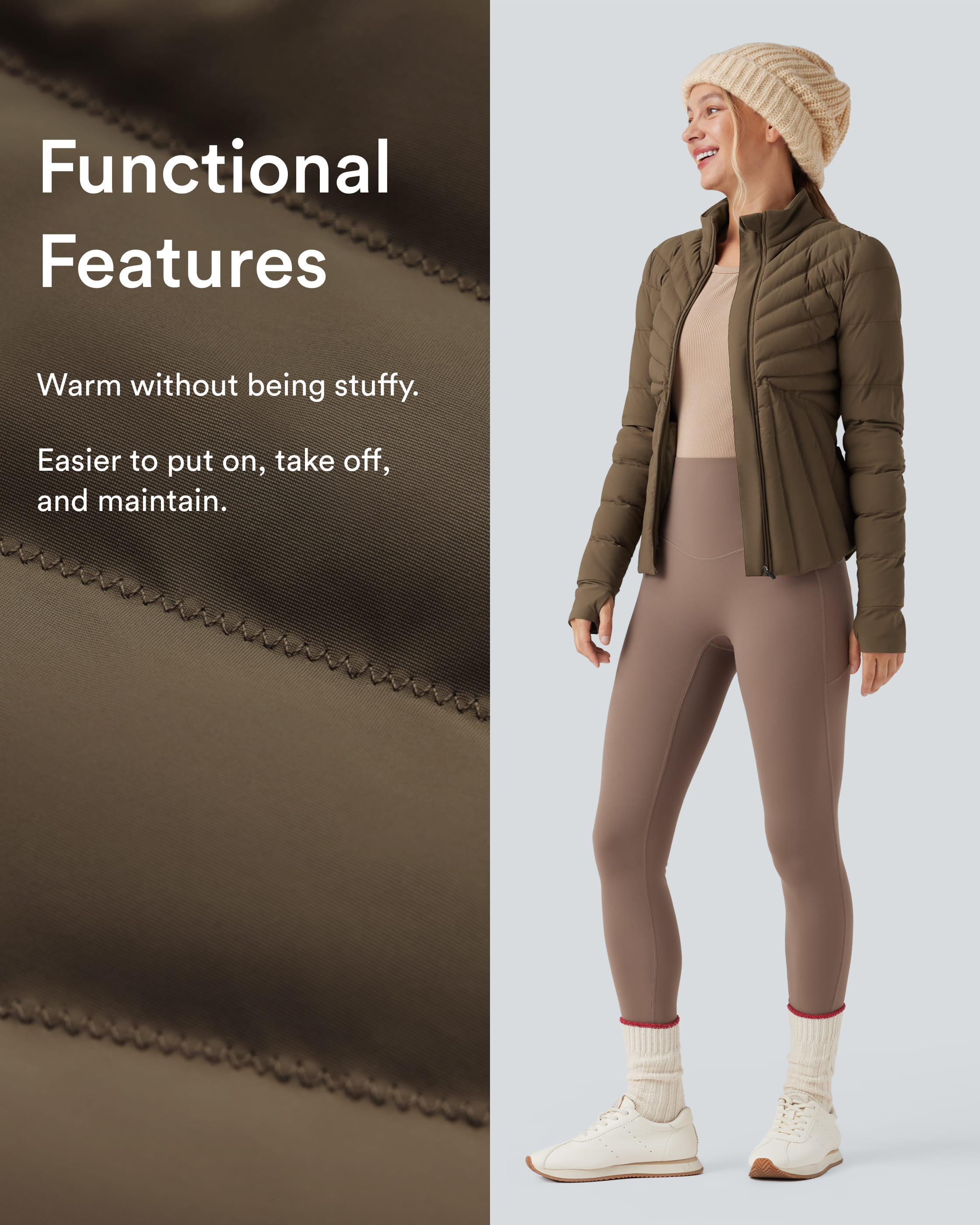 Chestnut Brown Dehnbare, gepolsterte Trainingsjacke mit Stehkragen, Daumenlöchern und Taschen / 2