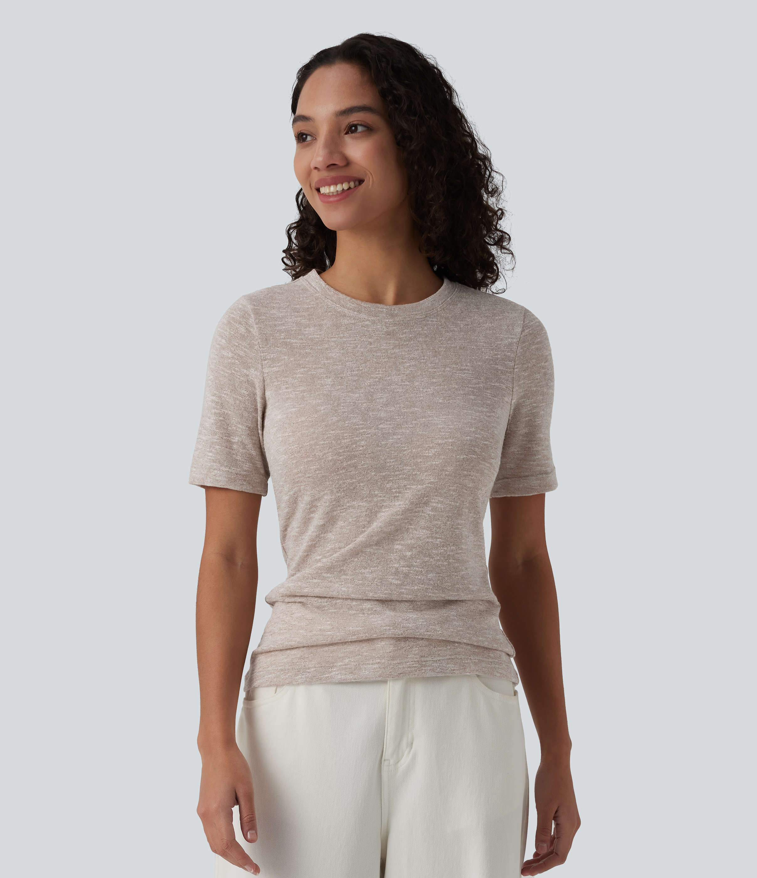 Mink Space Semi Sheer Heathered Round Neck Short Sleeve Casual T-Shirt / 1