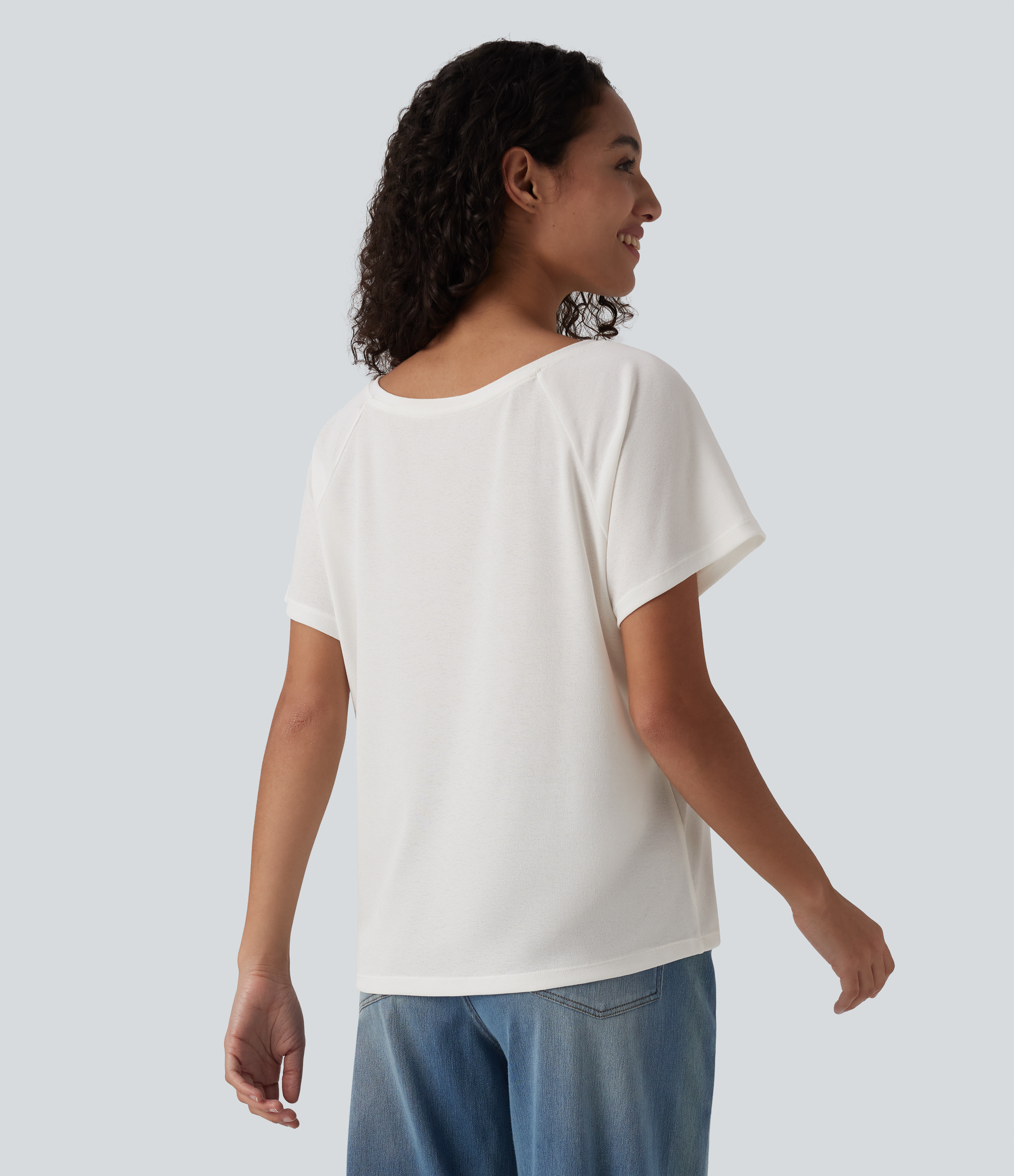 Blanc T-shirt casual col V manches raglan courtes coupe ample / 2