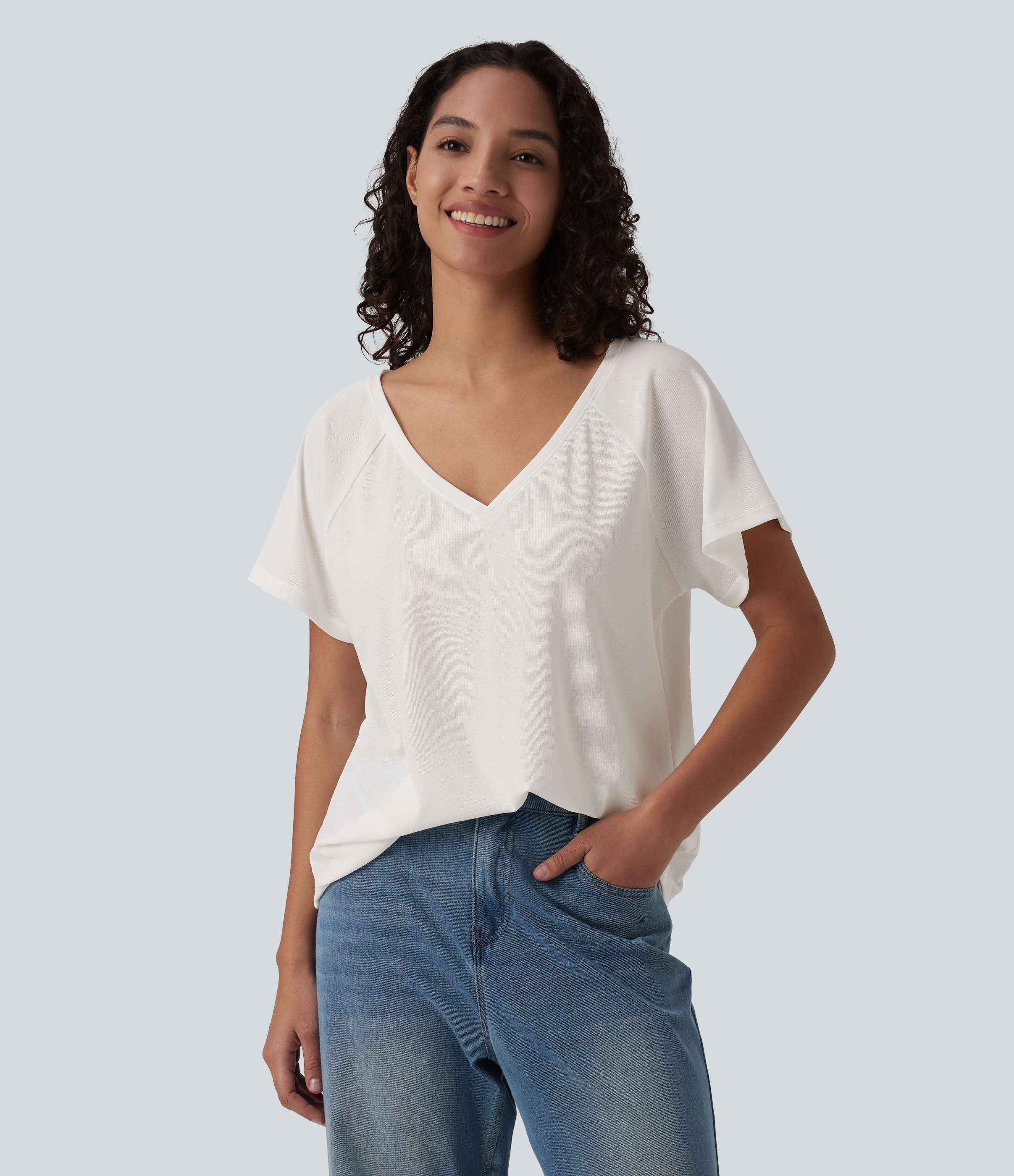 T-shirt casual col V manches raglan courtes coupe ample