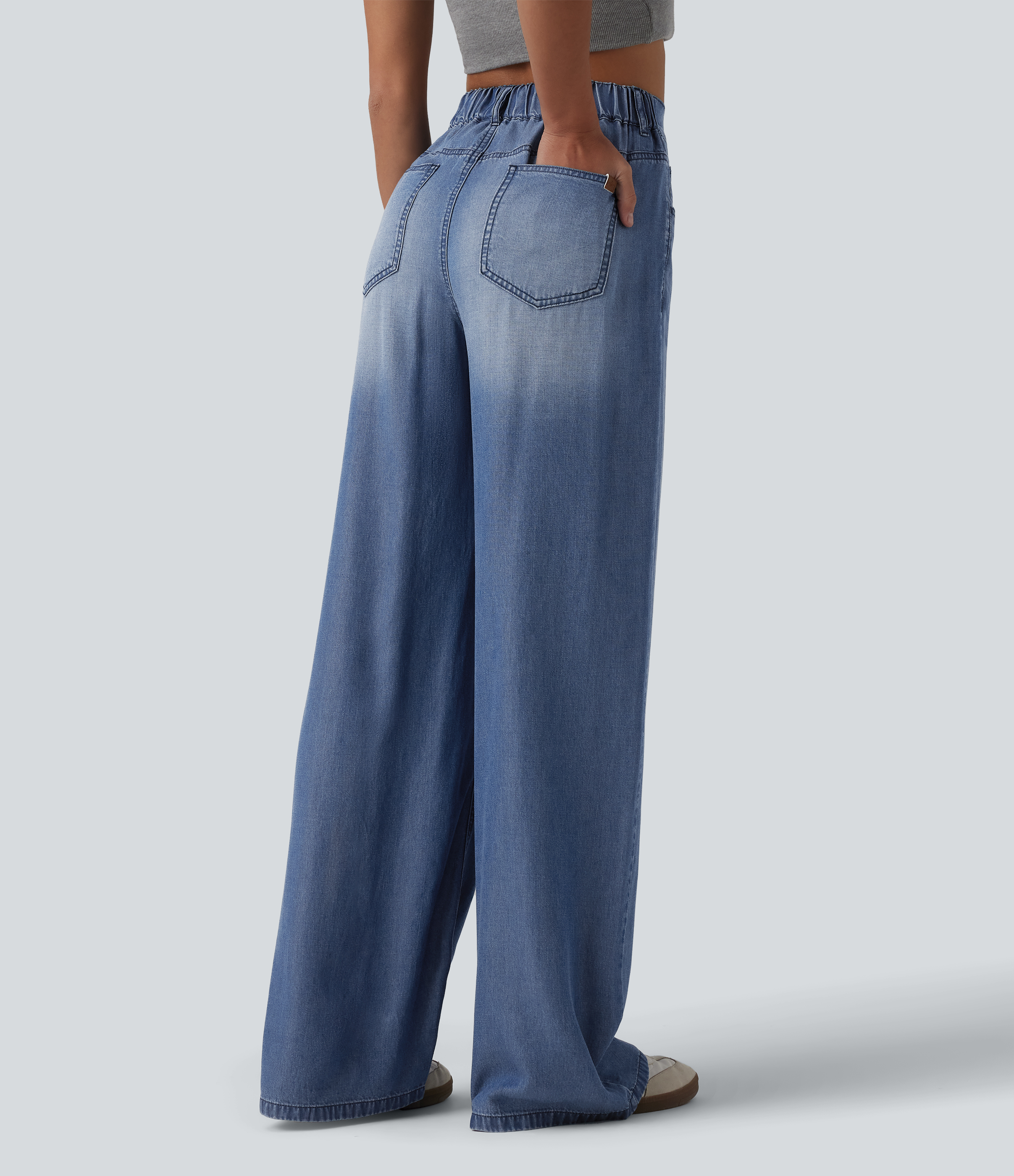Blue Jasper Denim Asymmetric Mid Rise Draped Lyocell Wide Leg Casual Jeans with Pockets / 2