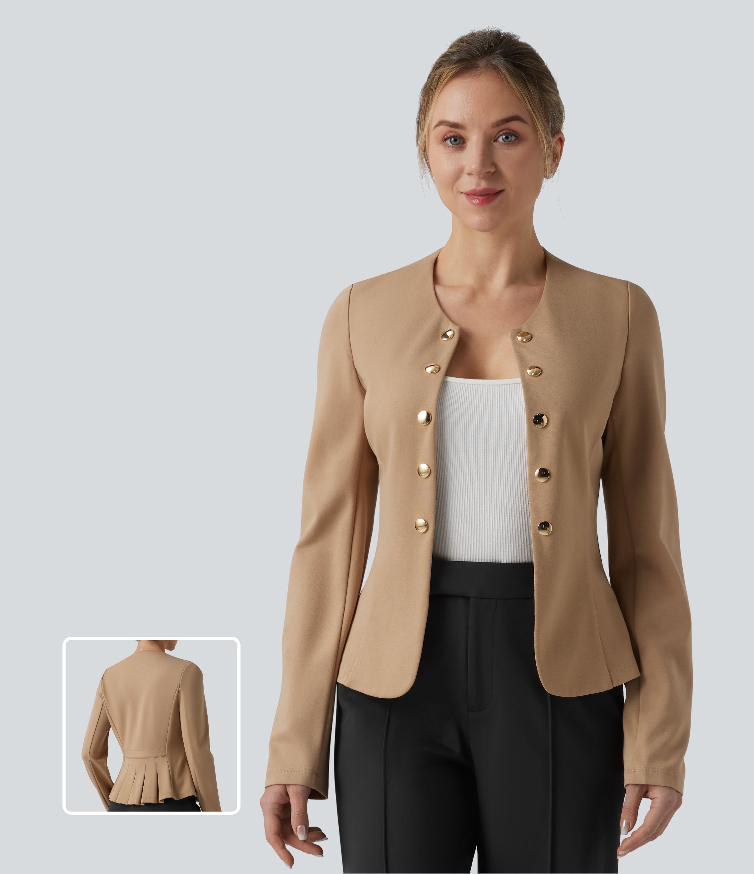 Round Neck Decorative Button Pleated Hem Work Blazer