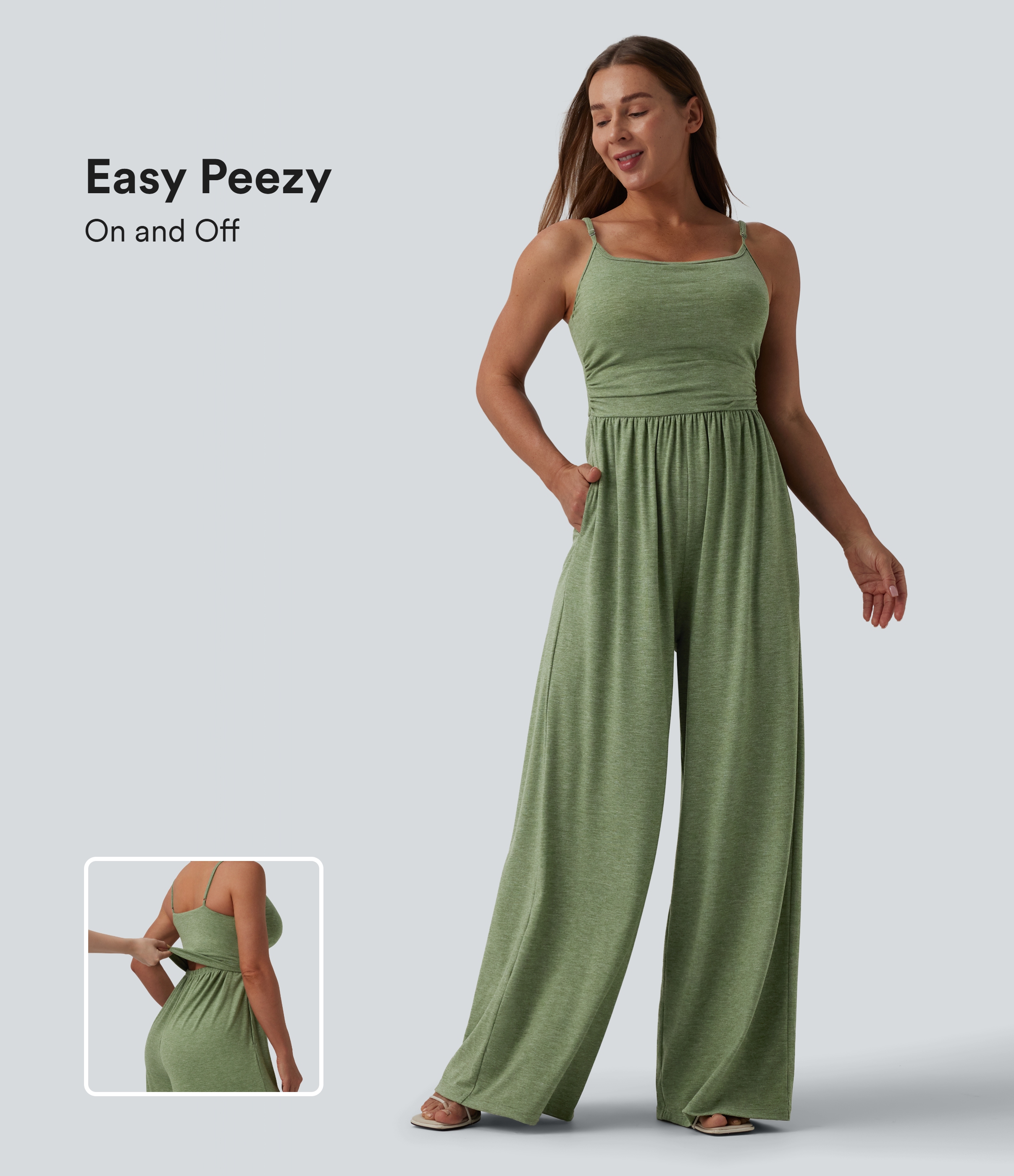 Adjustable Straps Ruched Wide Leg Heathered Casual Jumpsuit with Pockets-Easy Peezy