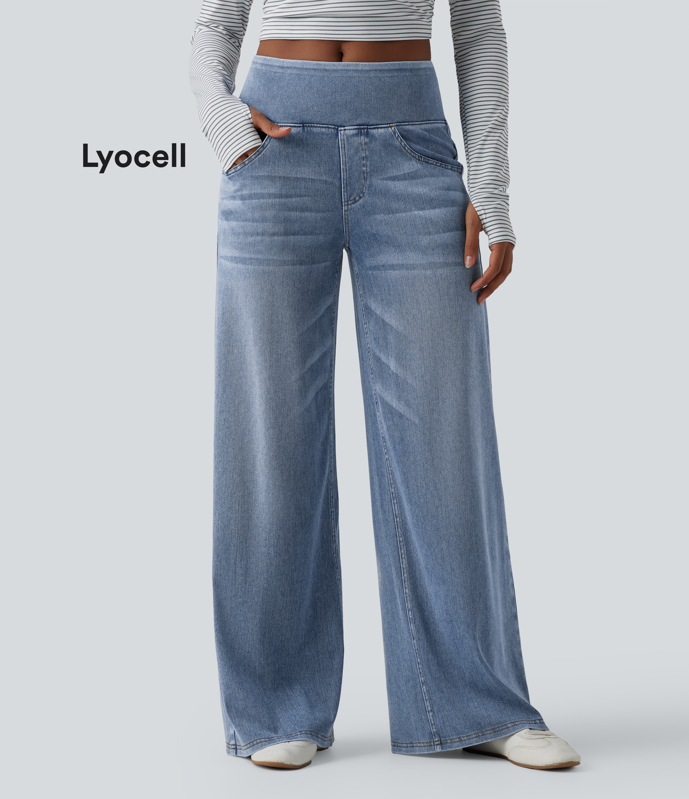 Halara Flex™ - Vaqueros holgados, informales y lavados, confeccionados en lyocell drapeado, con cintura media, múltiples bolsillos y pernera ancha.