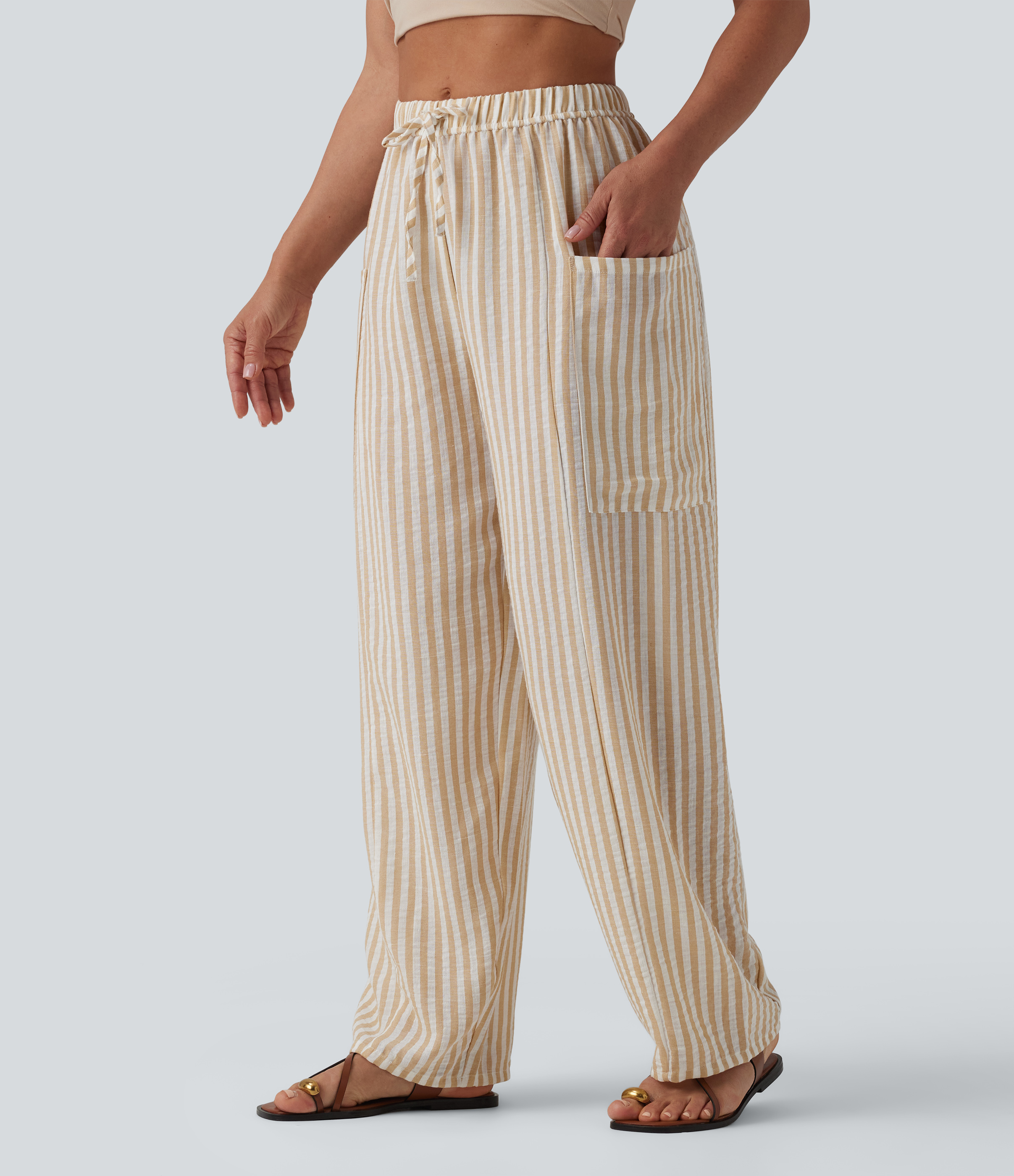 Mid Rise Drawstring Stripes Linen-Feel Casual Barrel Leg Trousers with Pockets