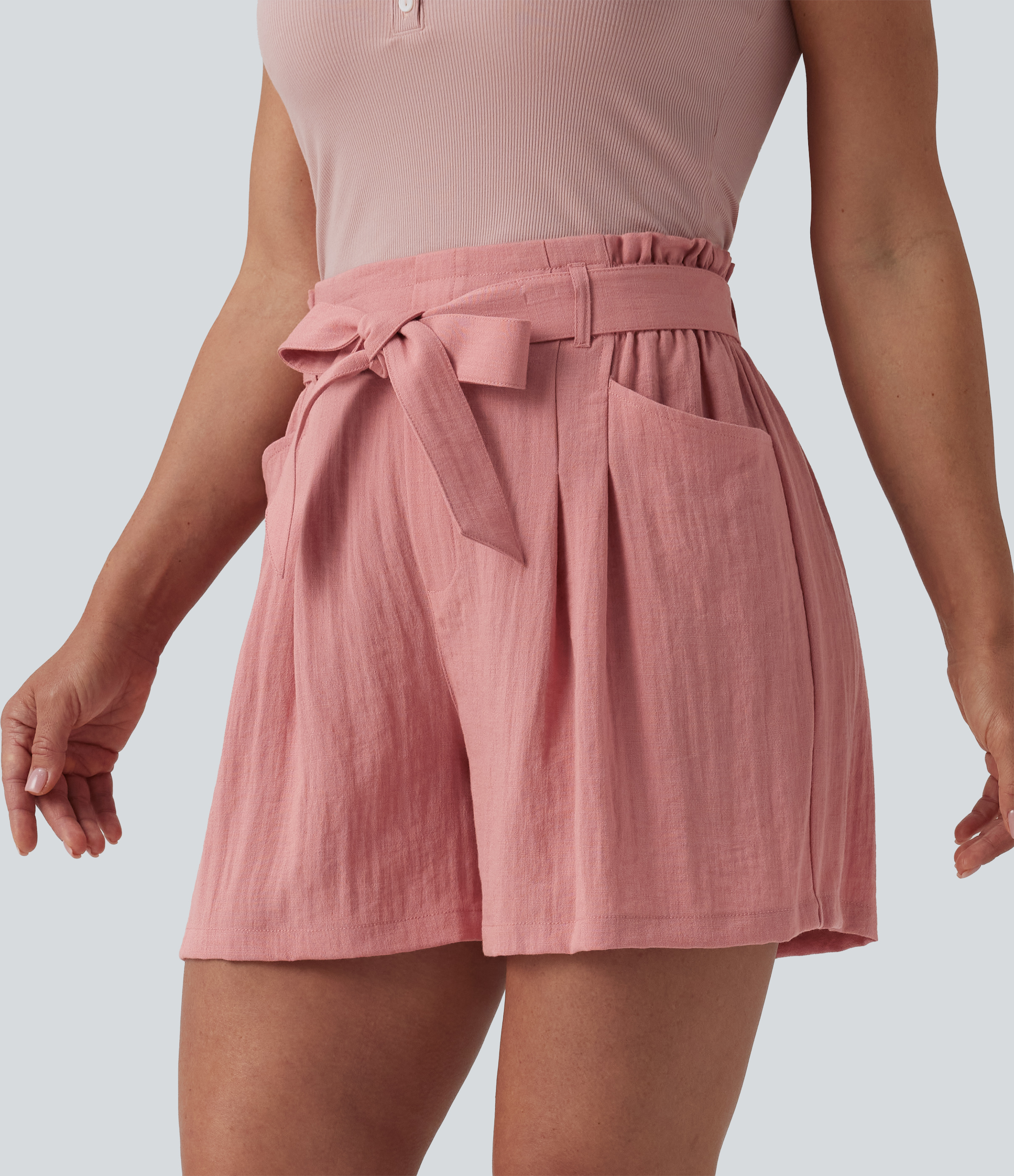 High Waisted Tie Front Casual Linen-Feel Shorts with Pockets
