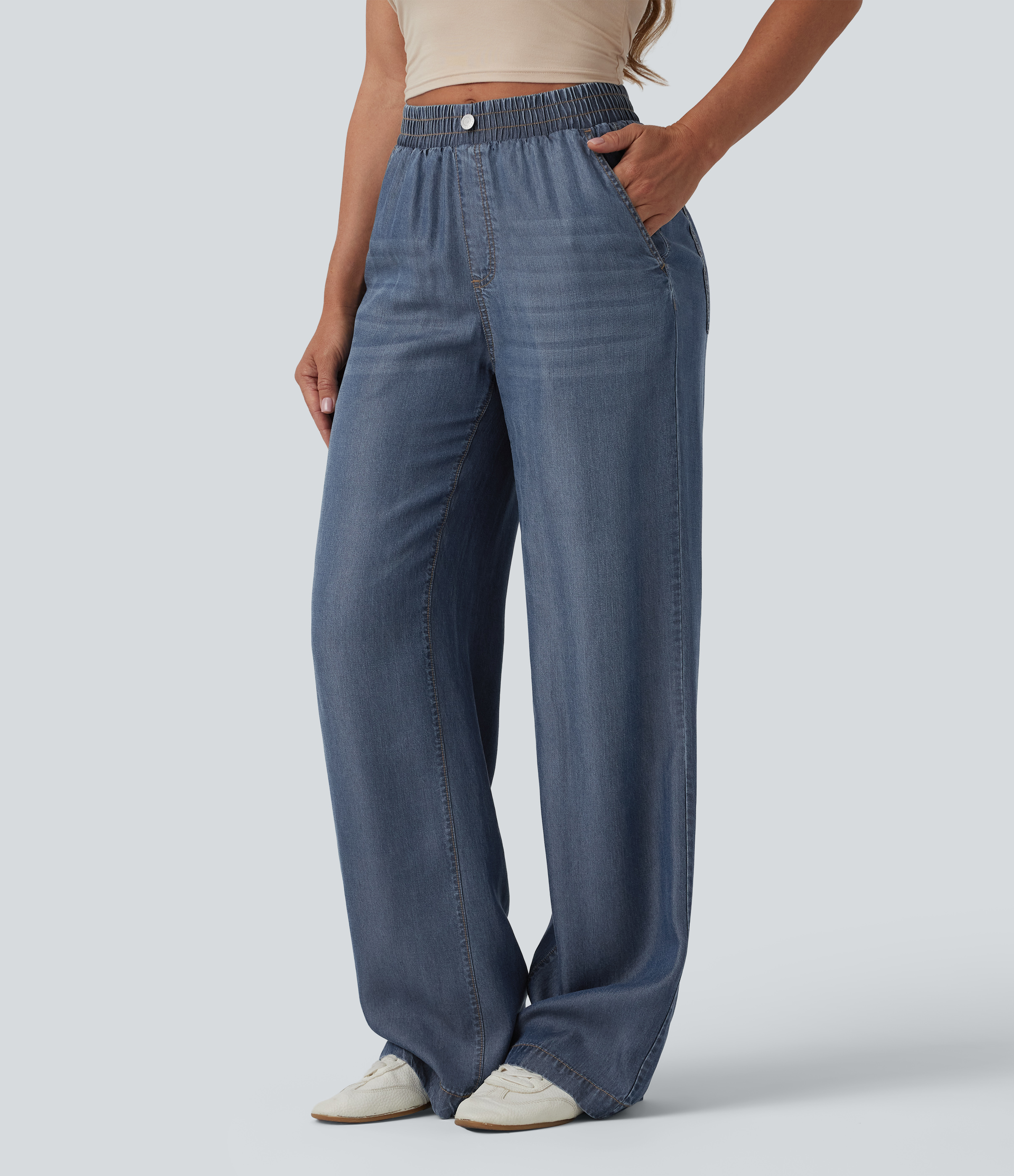 Mid Rise Draped Casual Straight Leg Jeans with Pockets