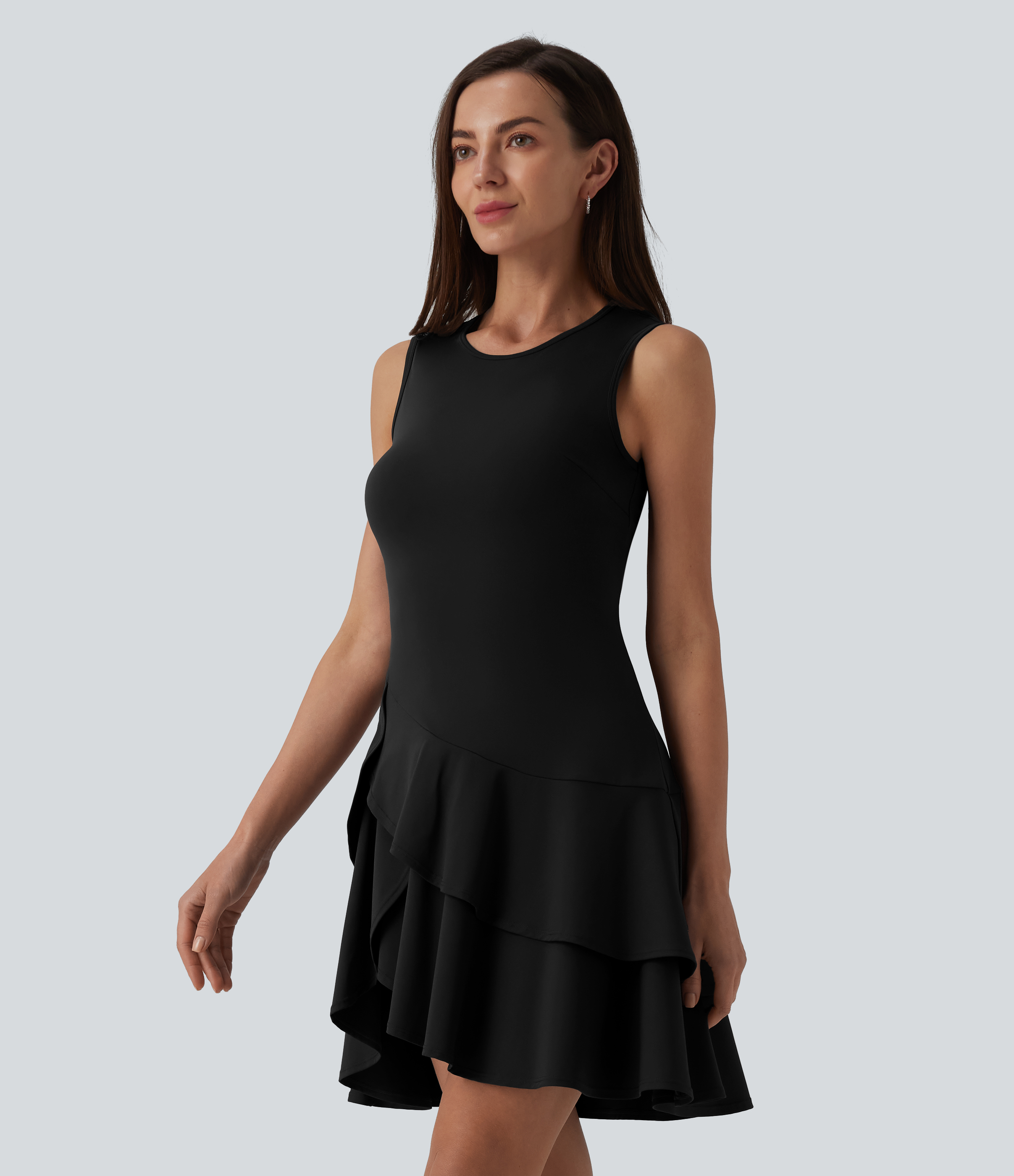 SoftlyZero™ Airy Round Neck Sleeveless Layered Ruffle Hem Cool Touch Mini Casual Dress