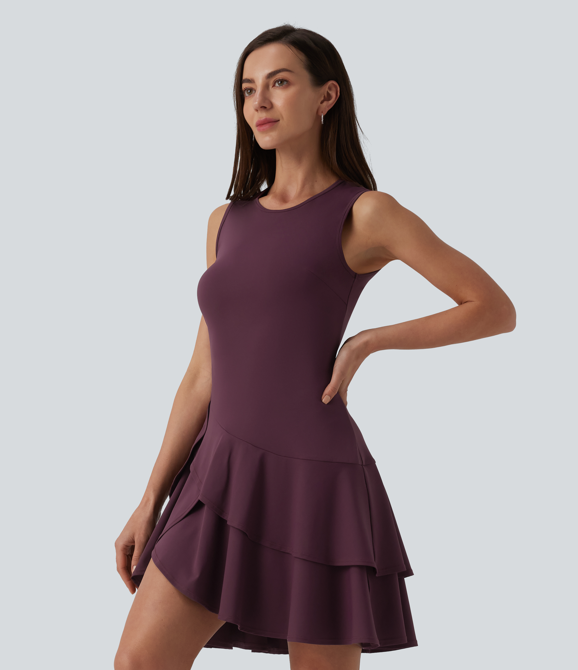 SoftlyZero™ Airy Round Neck Sleeveless Layered Ruffle Hem Cool Touch Mini Casual Dress