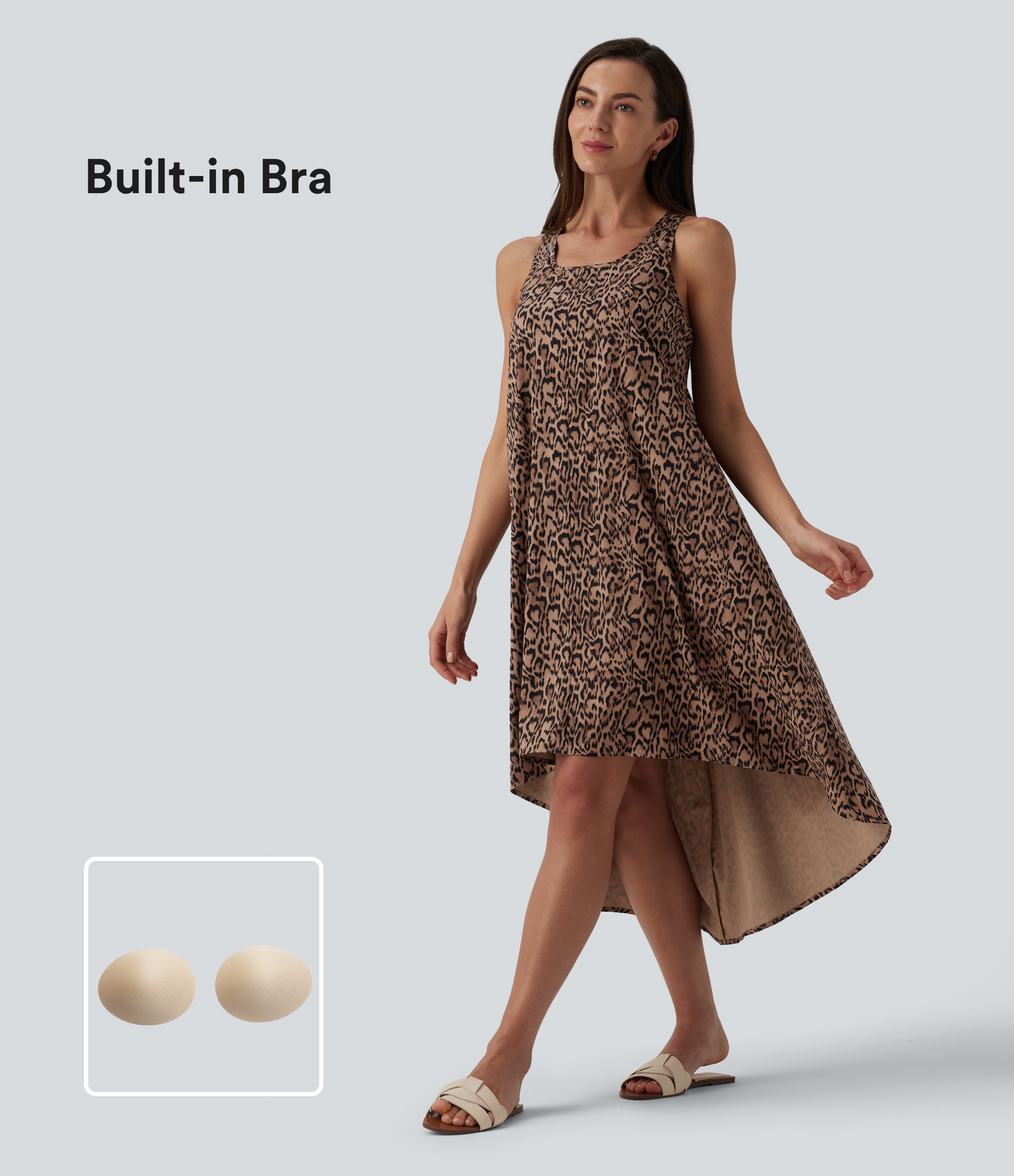 Robe mi-longue fluide station balnéaire dos nageur sans manches asymétrique imprimé léopard avec poches