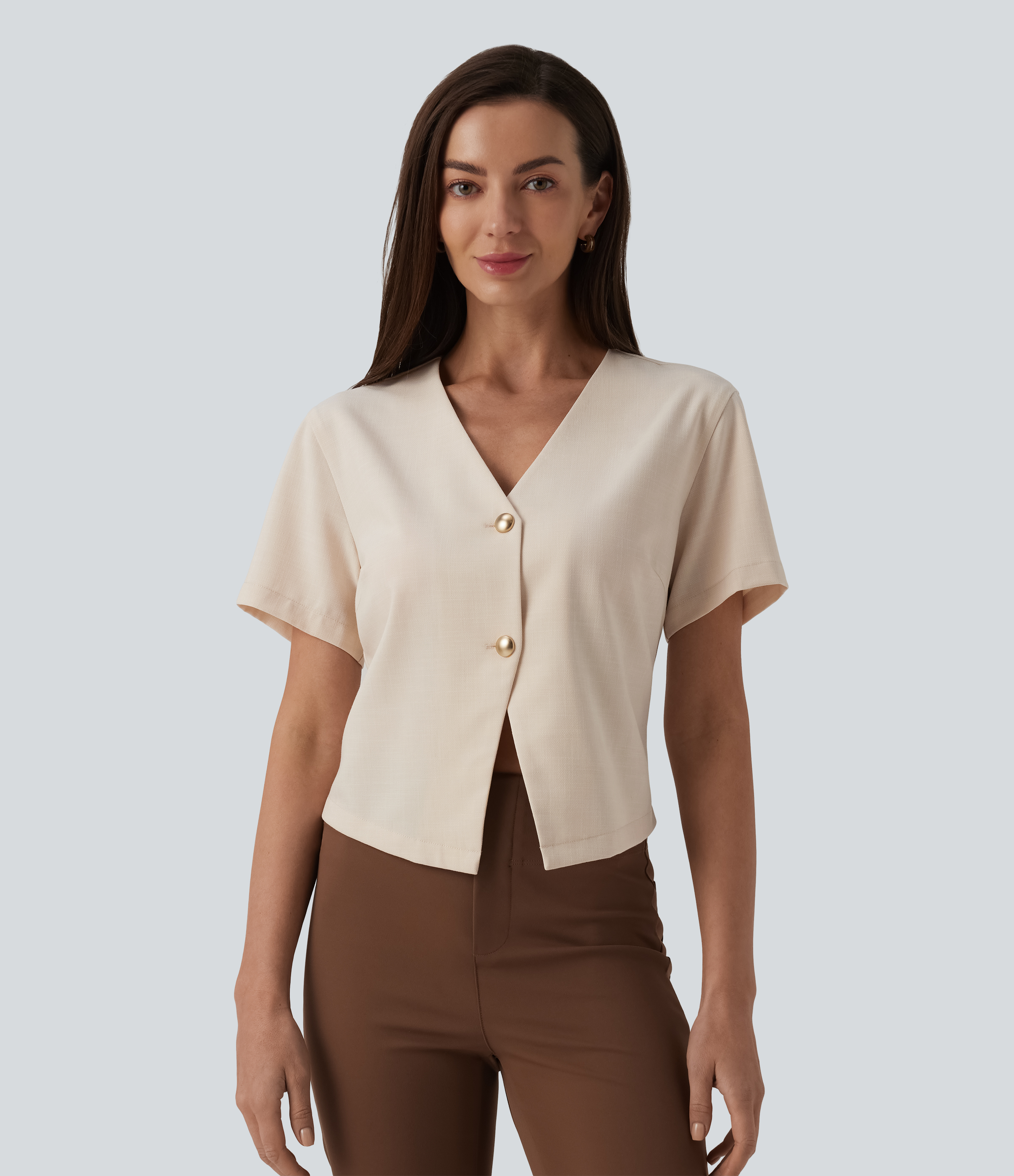 V Neck Short Sleeve Work Linen-Feel Blouse