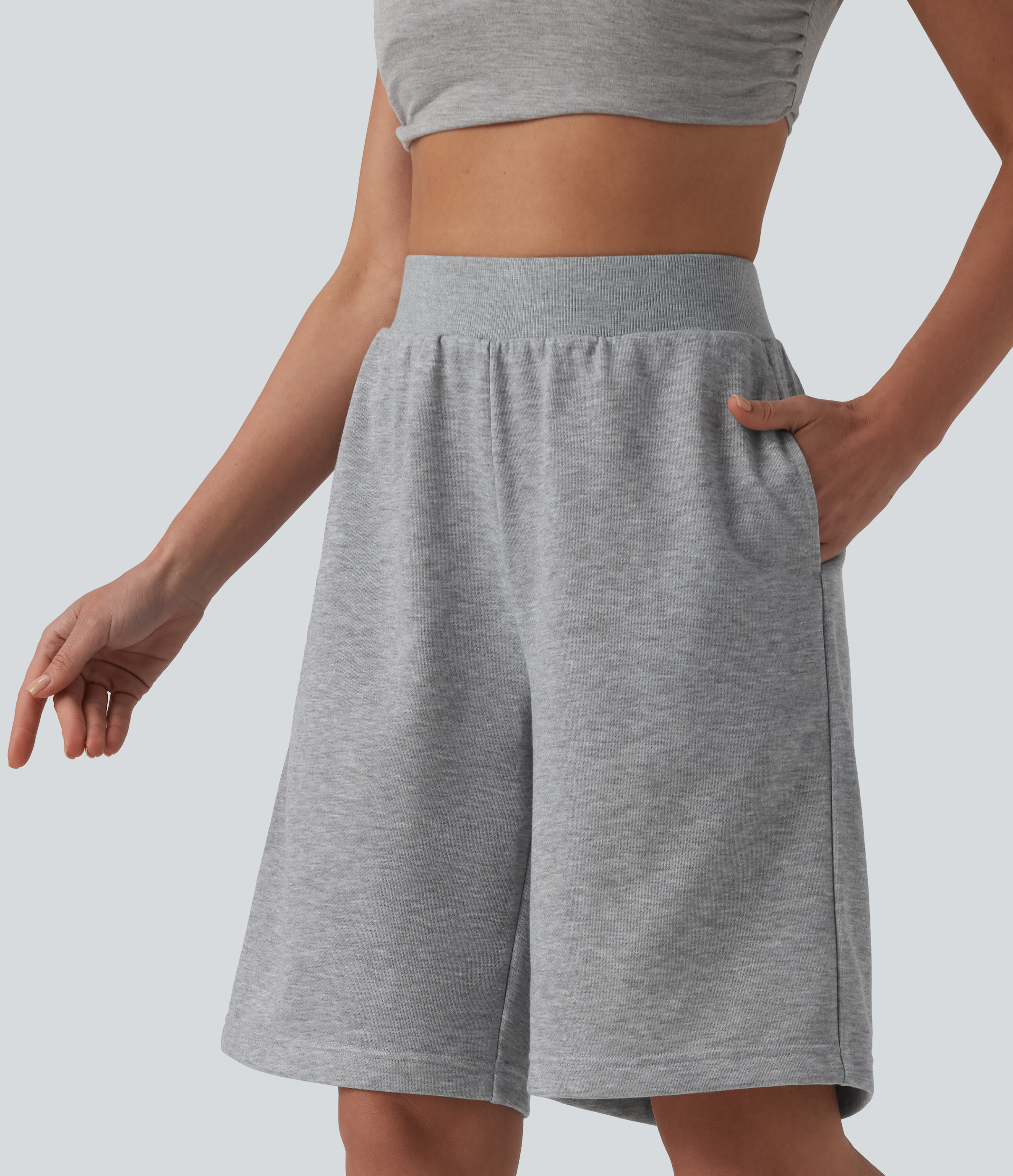 Mid Rise Inner Drawstring French Terry Baggy Casual Bermuda Sweat Shorts with Pockets