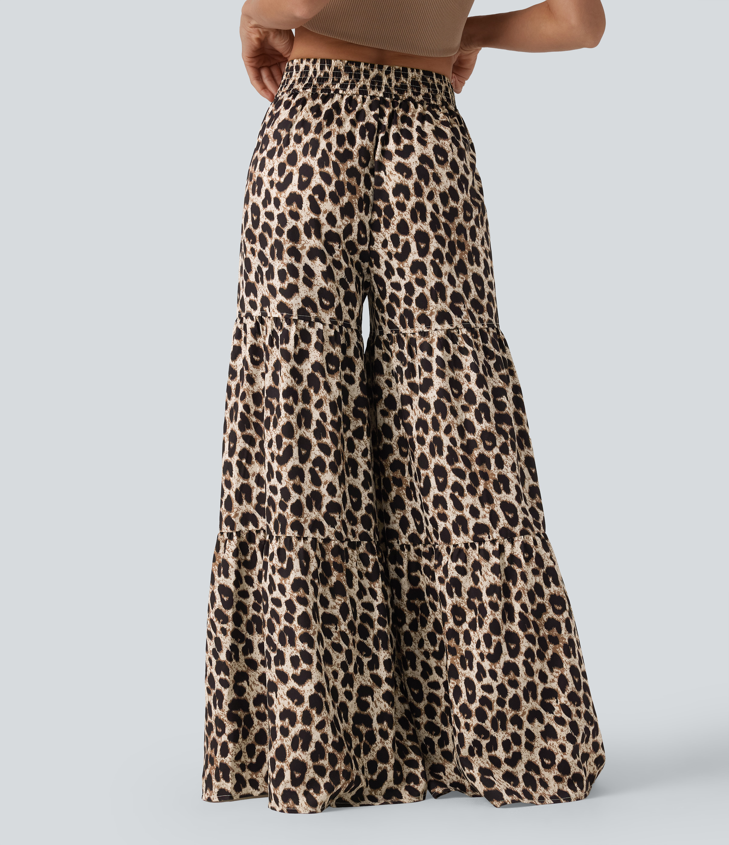 Gold Leopard Print Pantalon ample décontracté taille mi-haute avec nœud devant imprimé léopard avec poches / 2