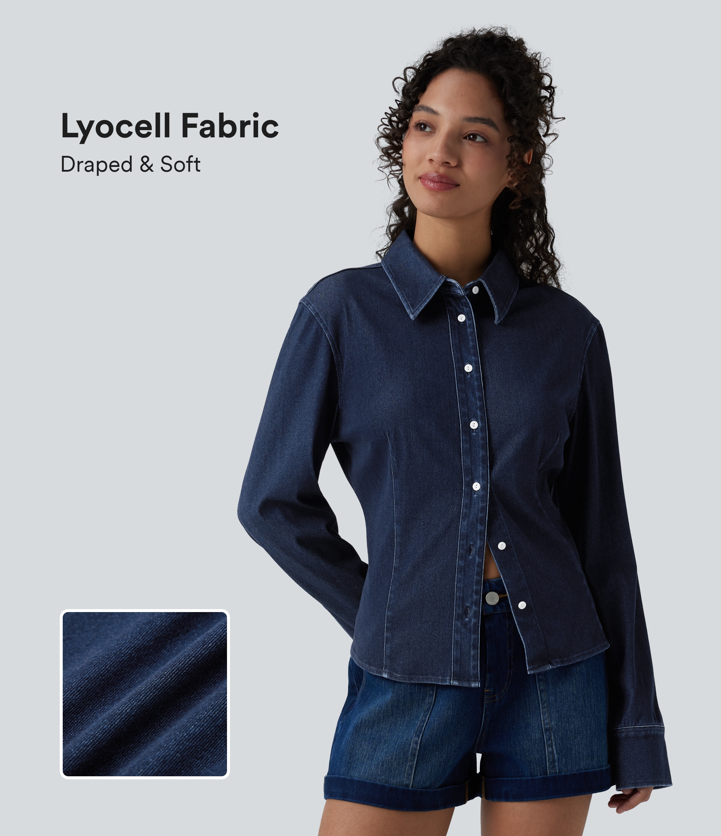 Halara Flex™ Long Sleeve Draped Lyocell Denim Casual Shirt