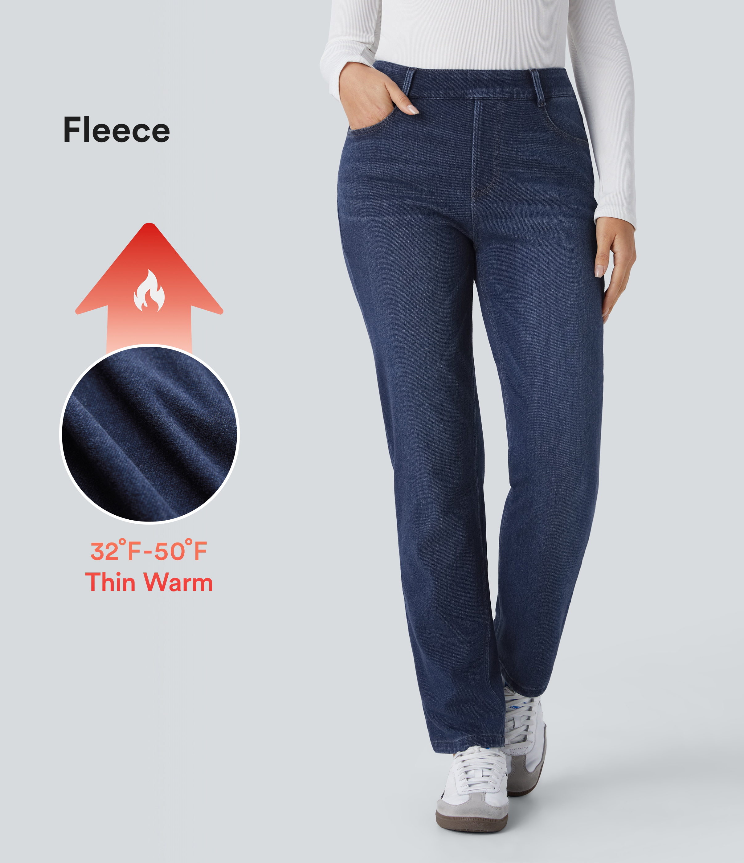 Vaqueros casuales de cintura alta, lavados, rectos, con bolsillos y efecto desteñido Halara Flex™ Denim Heat