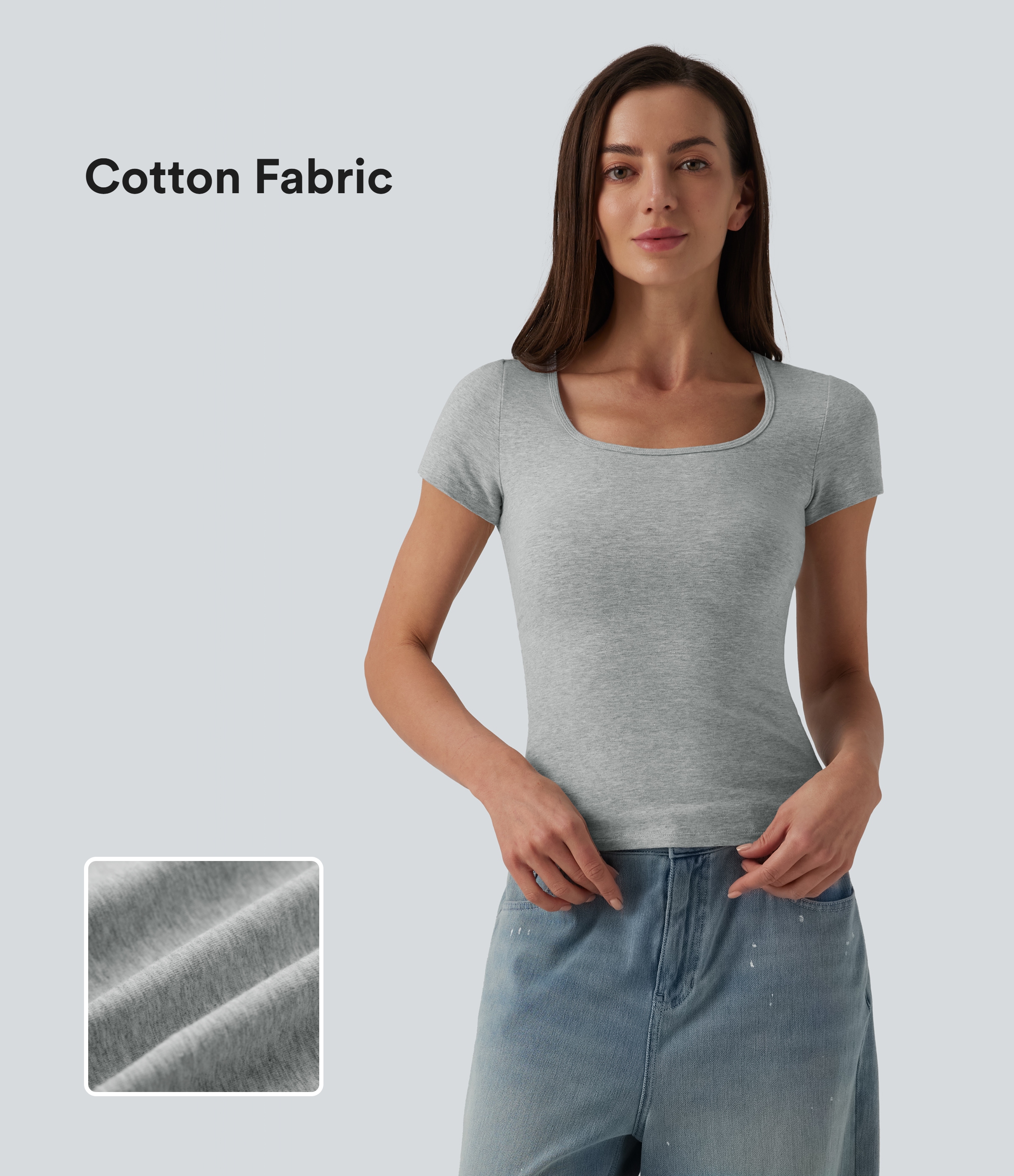 Halara Cotton Jersey Square Neck Short Sleeve Ultra-slim Heathered Casual T-Shirt
