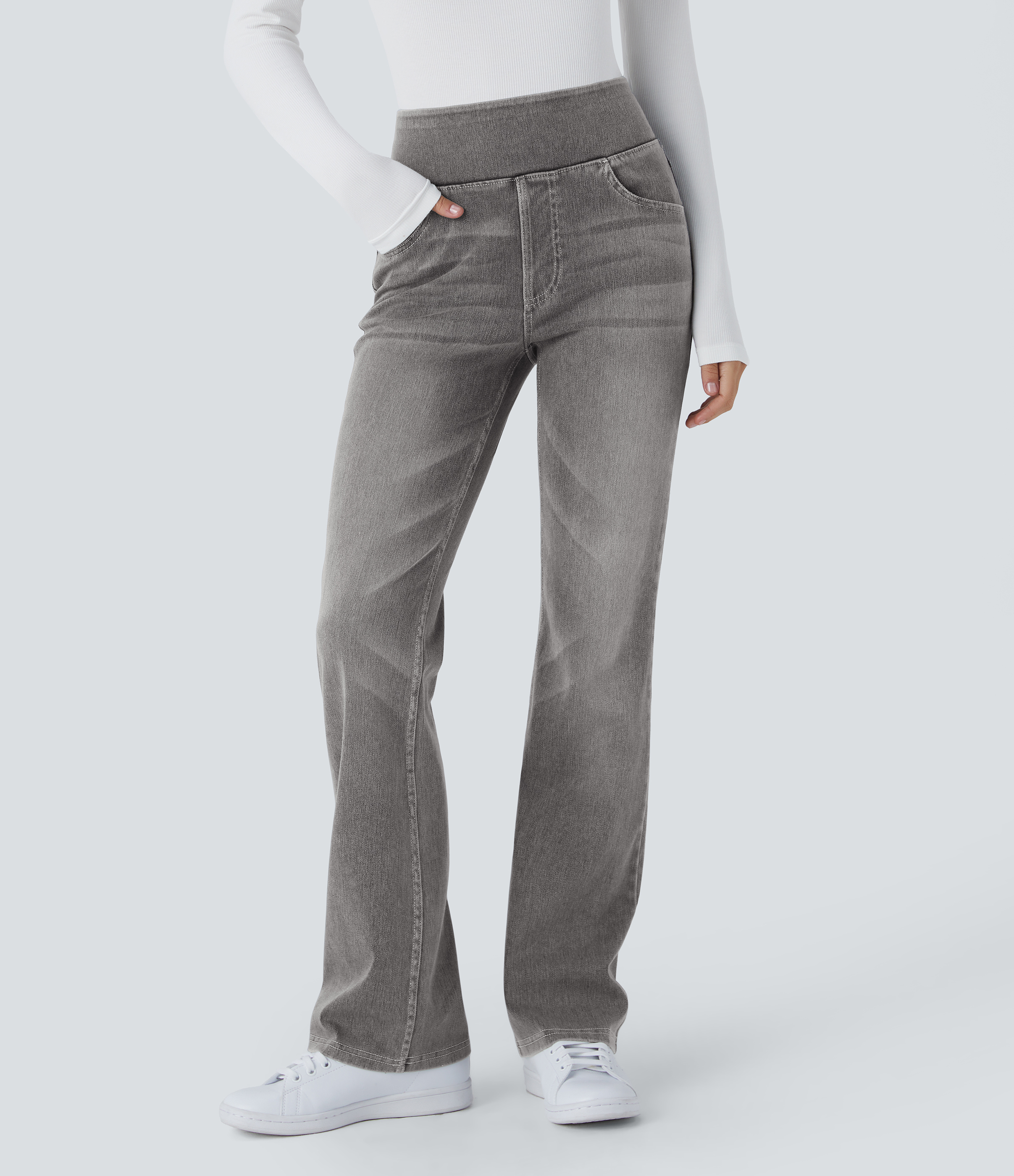 Halara Flex™ High Waisted Pockets Washed Casual Bootcut Jeans — Black Iron Gray Denim by Halara