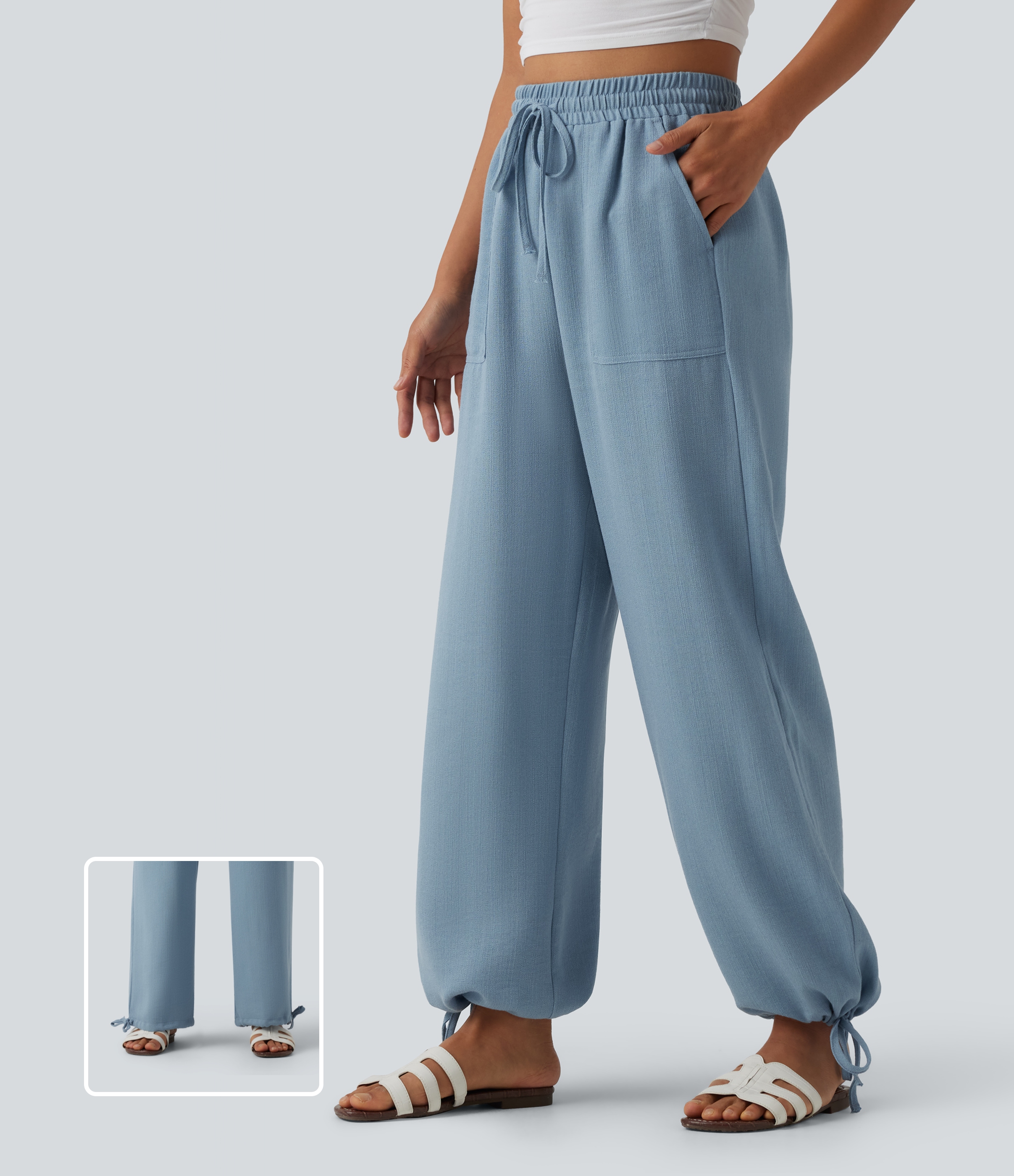 Jogging large décontracté taille haute avec cordon de serrage et poches