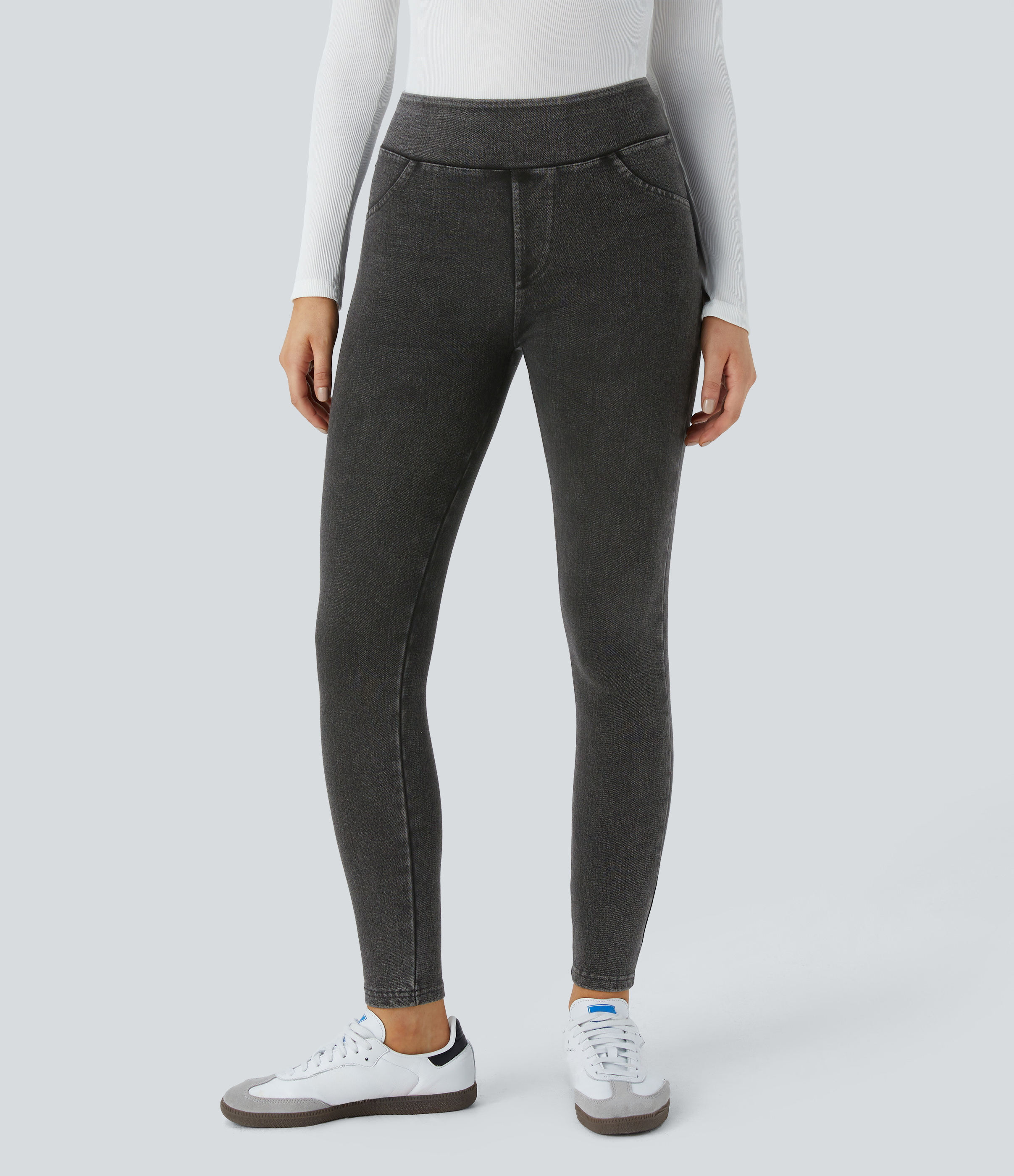 Gloomy Black Denim Halara Flex™ Denim Heat ежедневни клинове с висока талия и джобове / 2