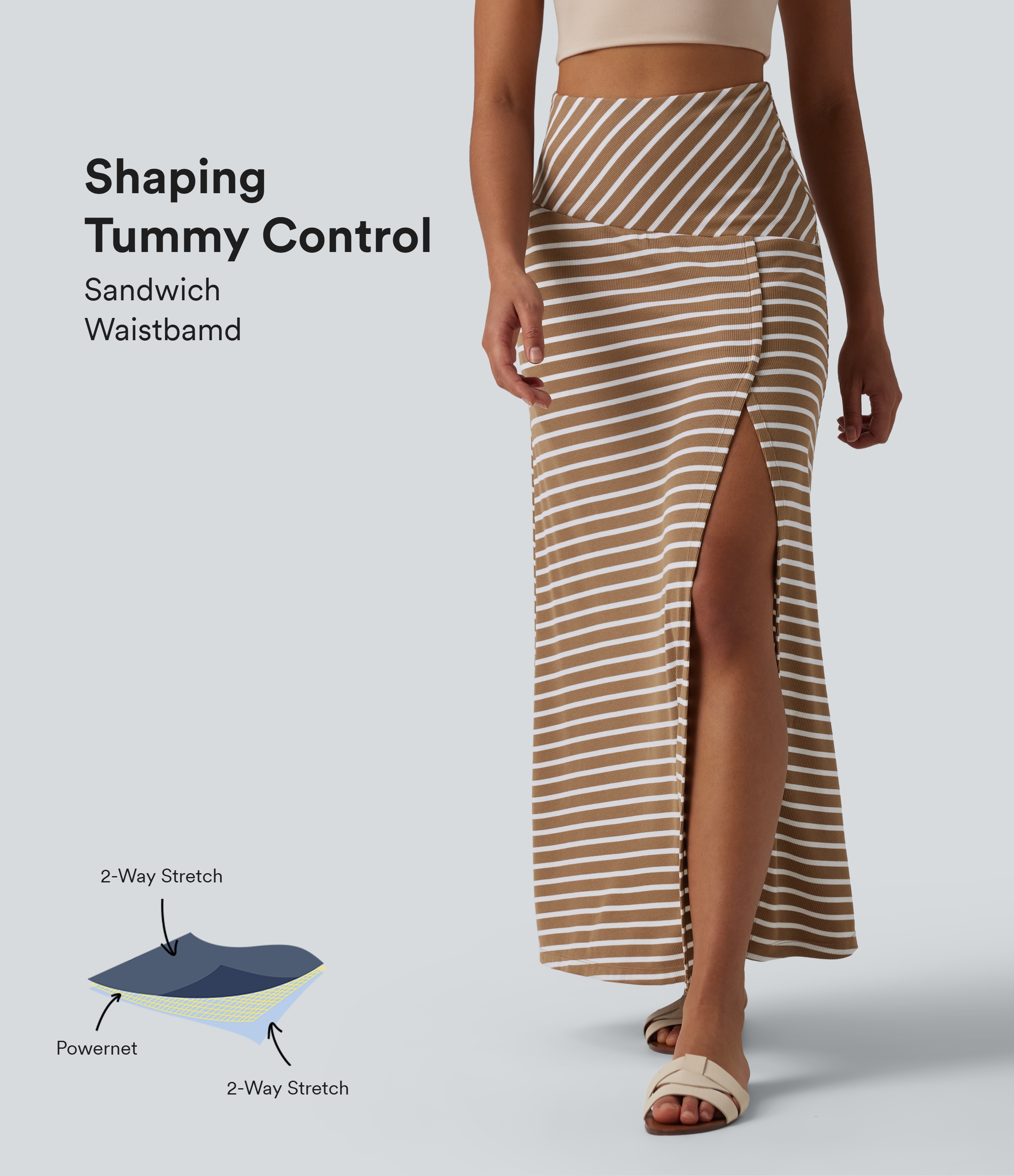 Ribbed Knit High Waisted Tummy Control Stripe Maxi Casual Skirt