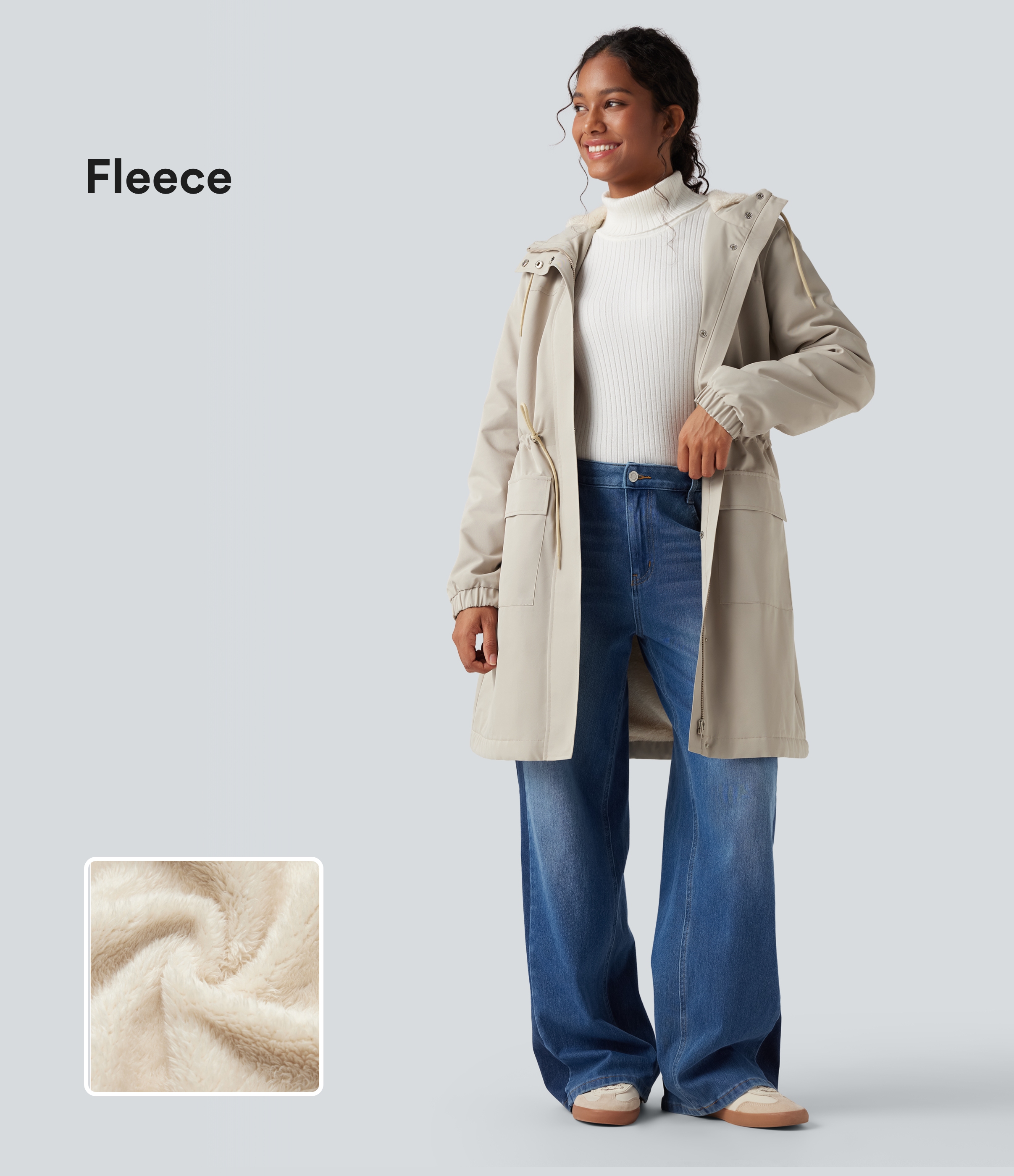 Parka longue polaire à capuche avec cordon de serrage manches longues et poches