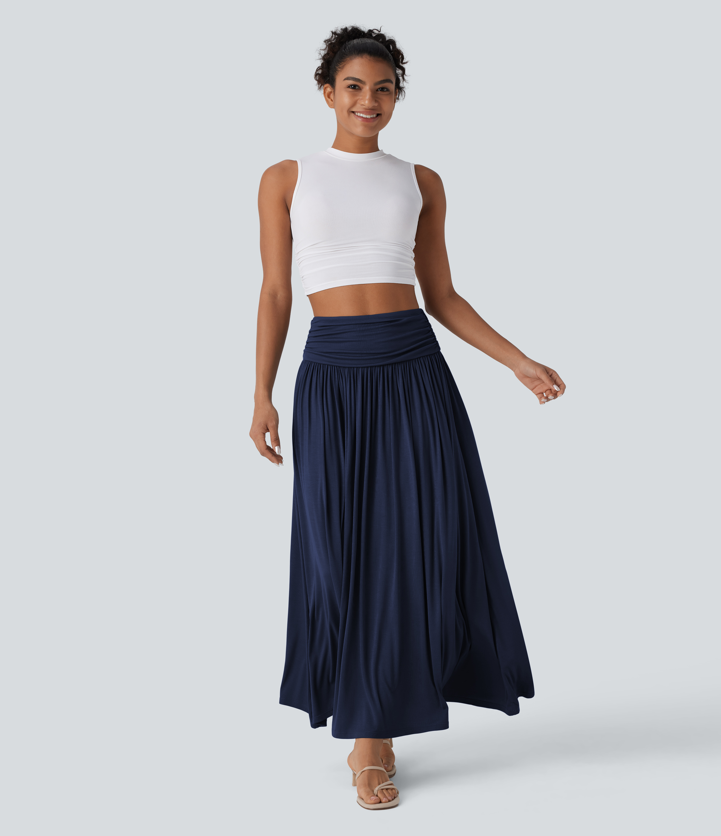 High Waisted Ruched Flowy Maxi Casual Skirt