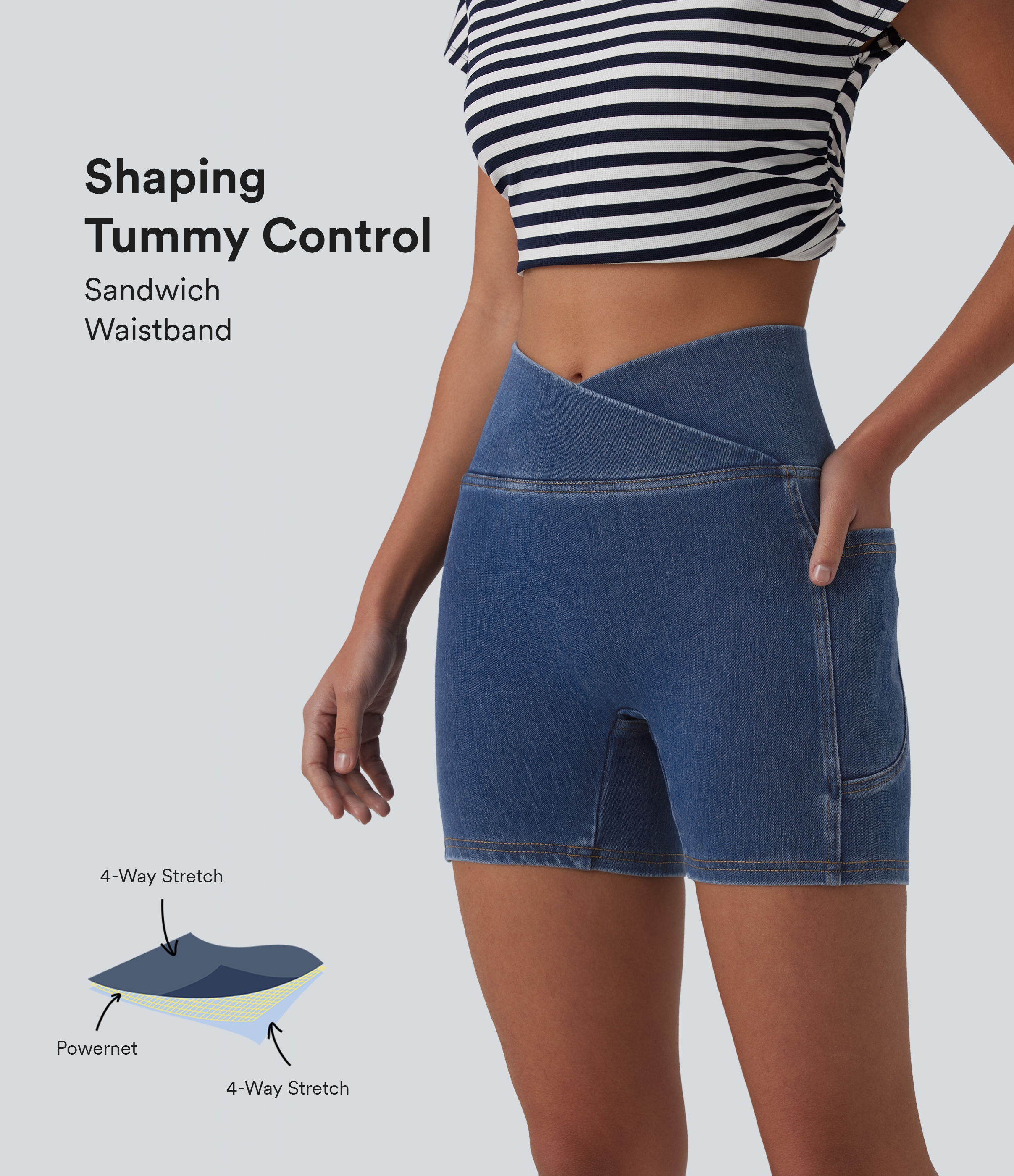 Halara Flex™ Crossover High Waisted Tummy Control Denim Casual Skinny Shorts 5'' with Pockets
