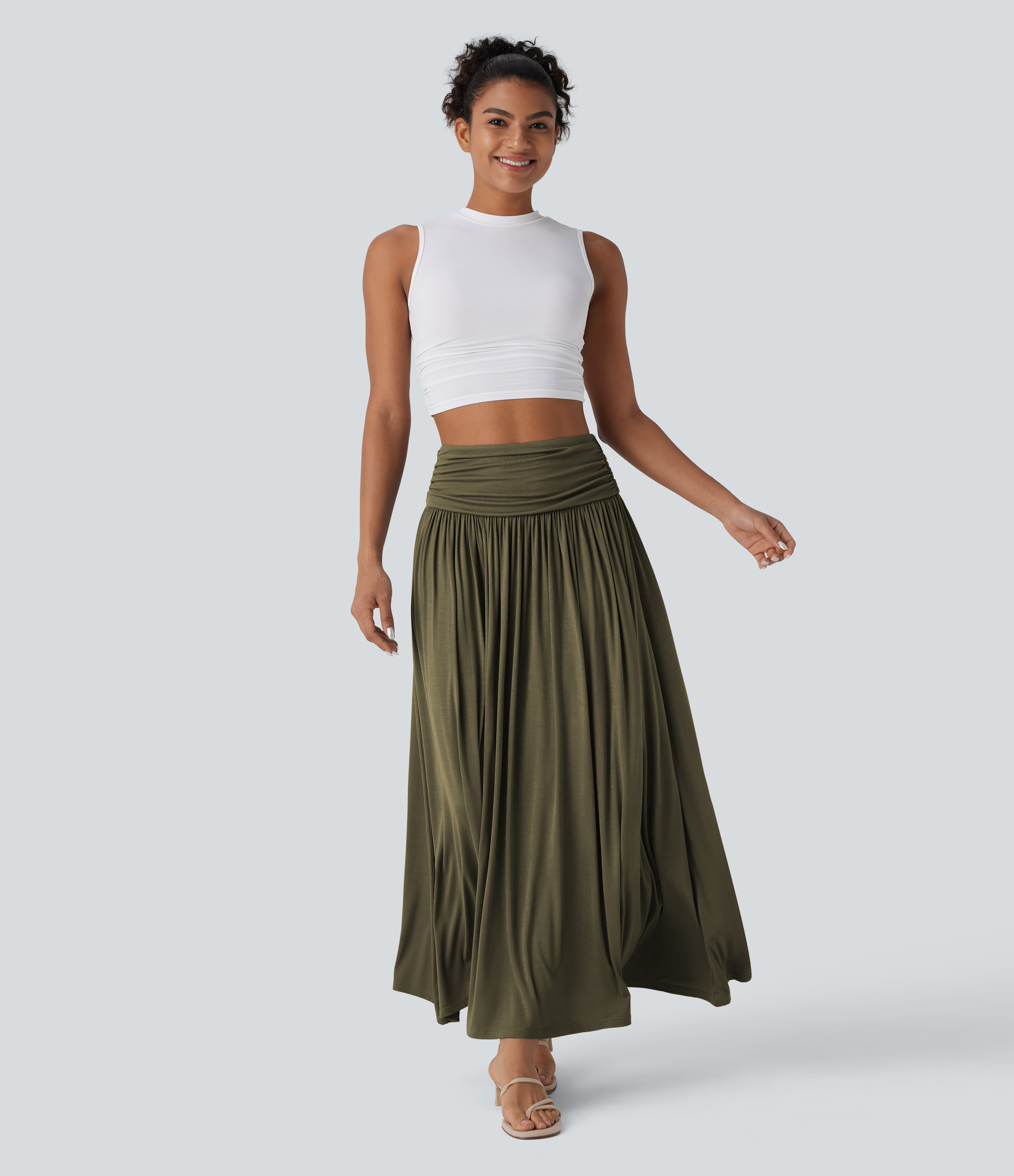 High Waisted Ruched Flowy Maxi Casual Skirt
