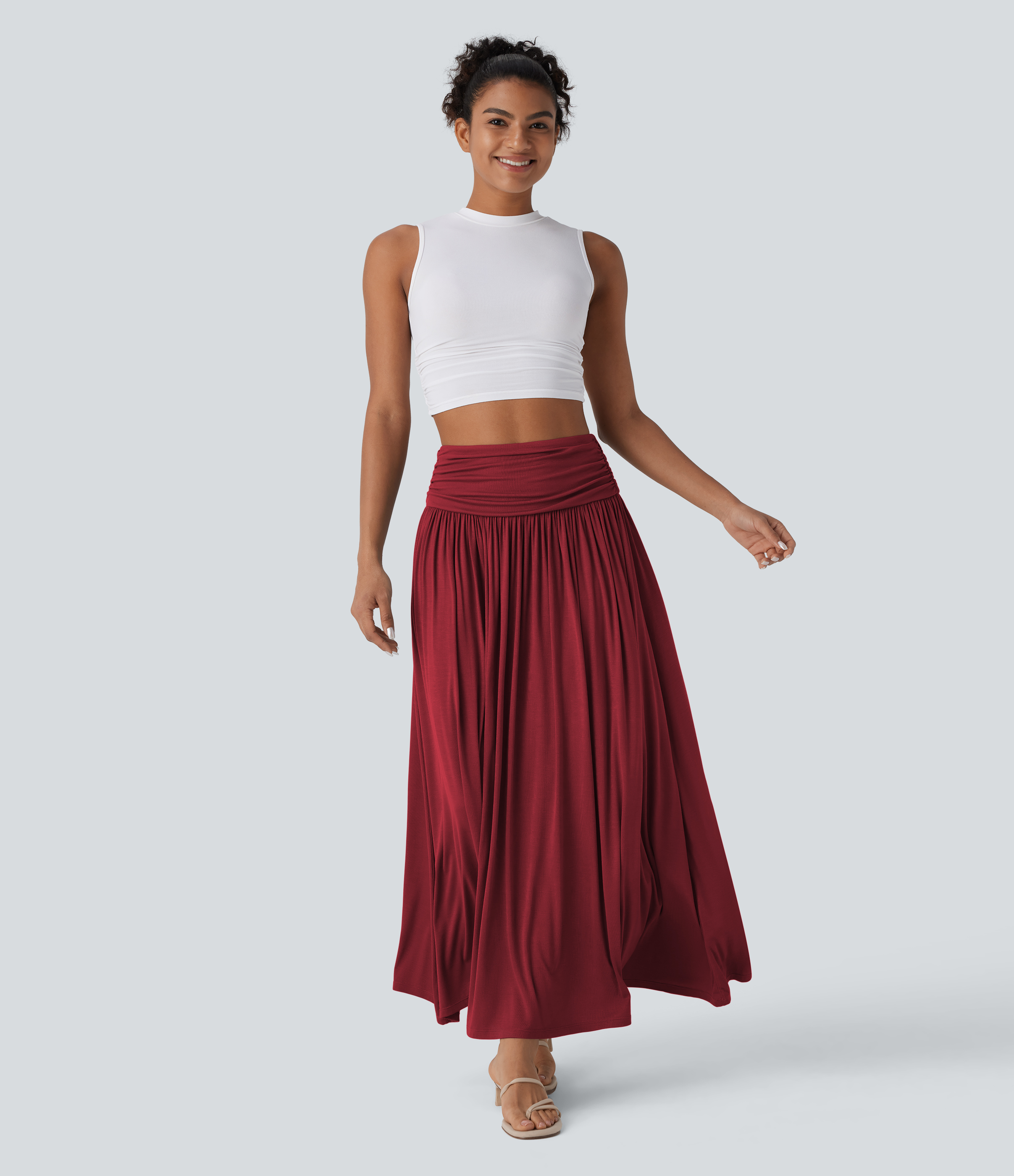High Waisted Ruched Flowy Maxi Casual Skirt