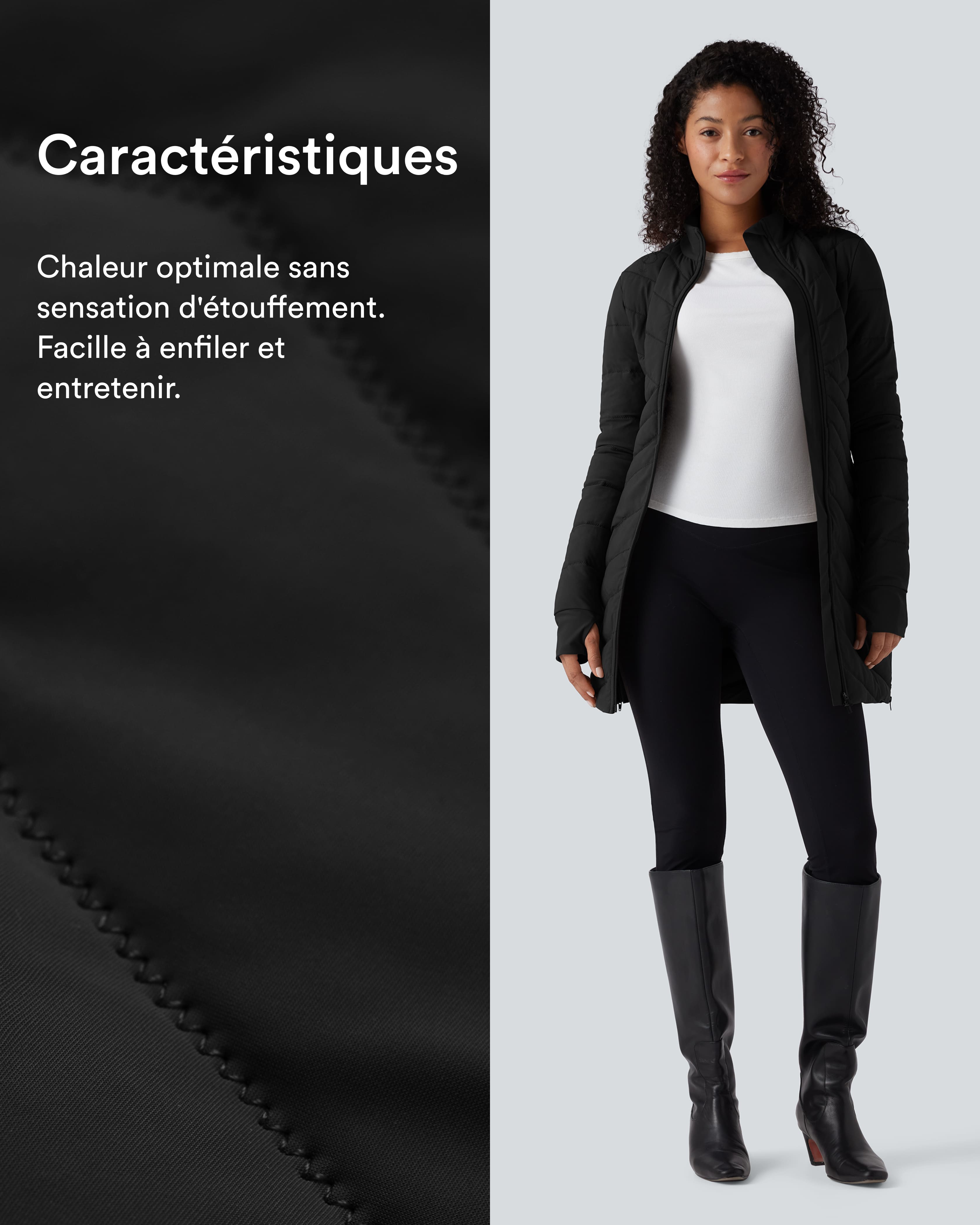 Black Doudoune décontractée ajustée extensible col montant à manches longues avec passants pouces, zips à l'ourlet et poches / 2