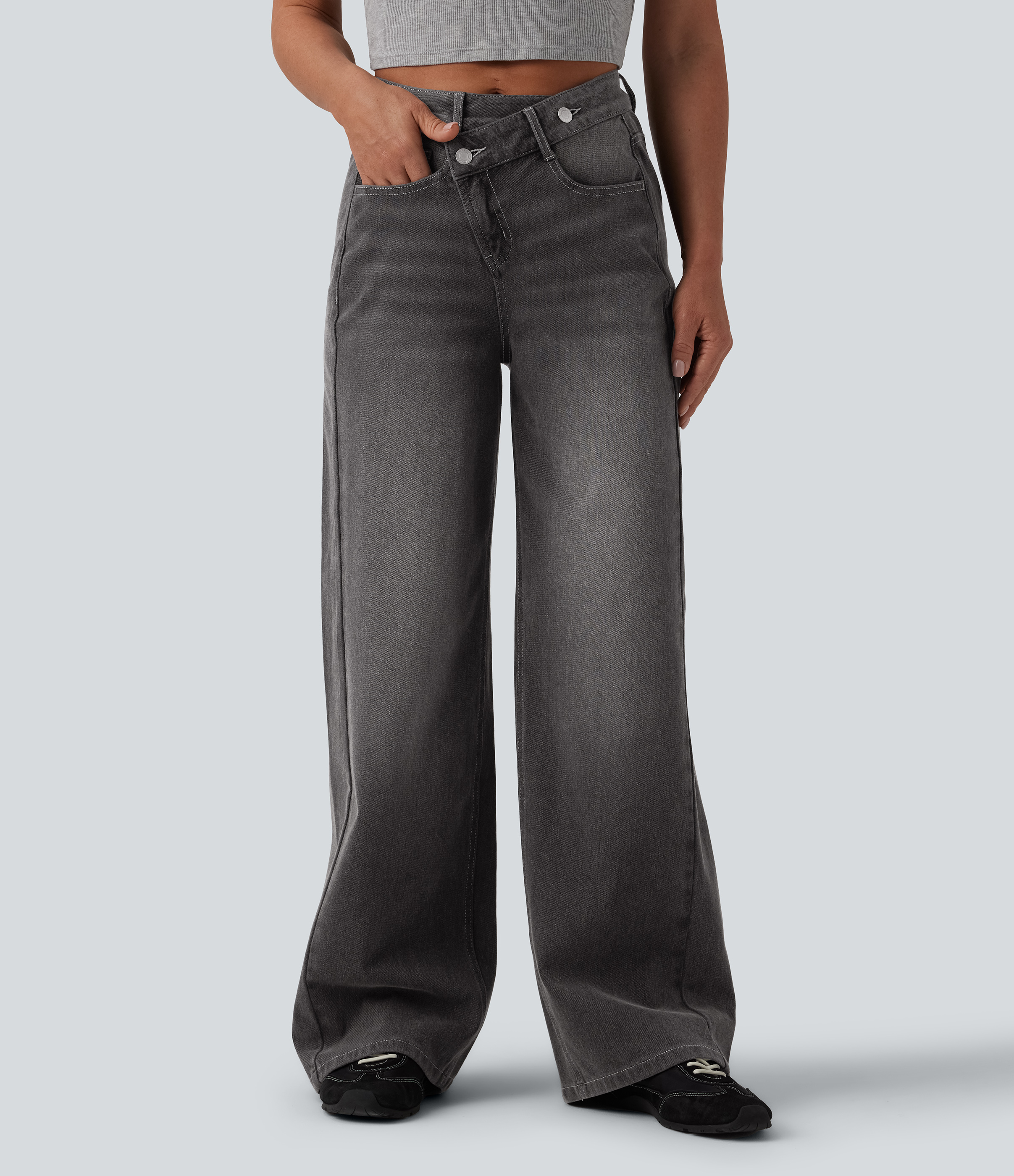 Halara Flex™ Asymmetric High Waisted Washed Casual Baggy Jeans with Pockets — Iron Gate Denim by Halara