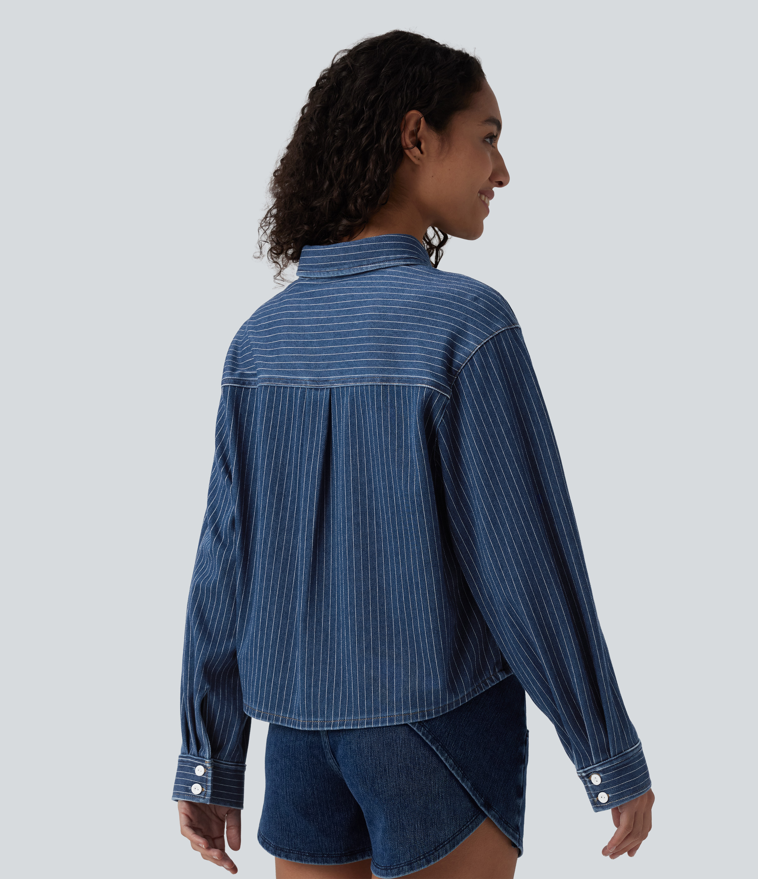 Tide Blue Denim Halara Flex™ Long Sleeve Stripe Denim Casual Shirt with Pocket / 2