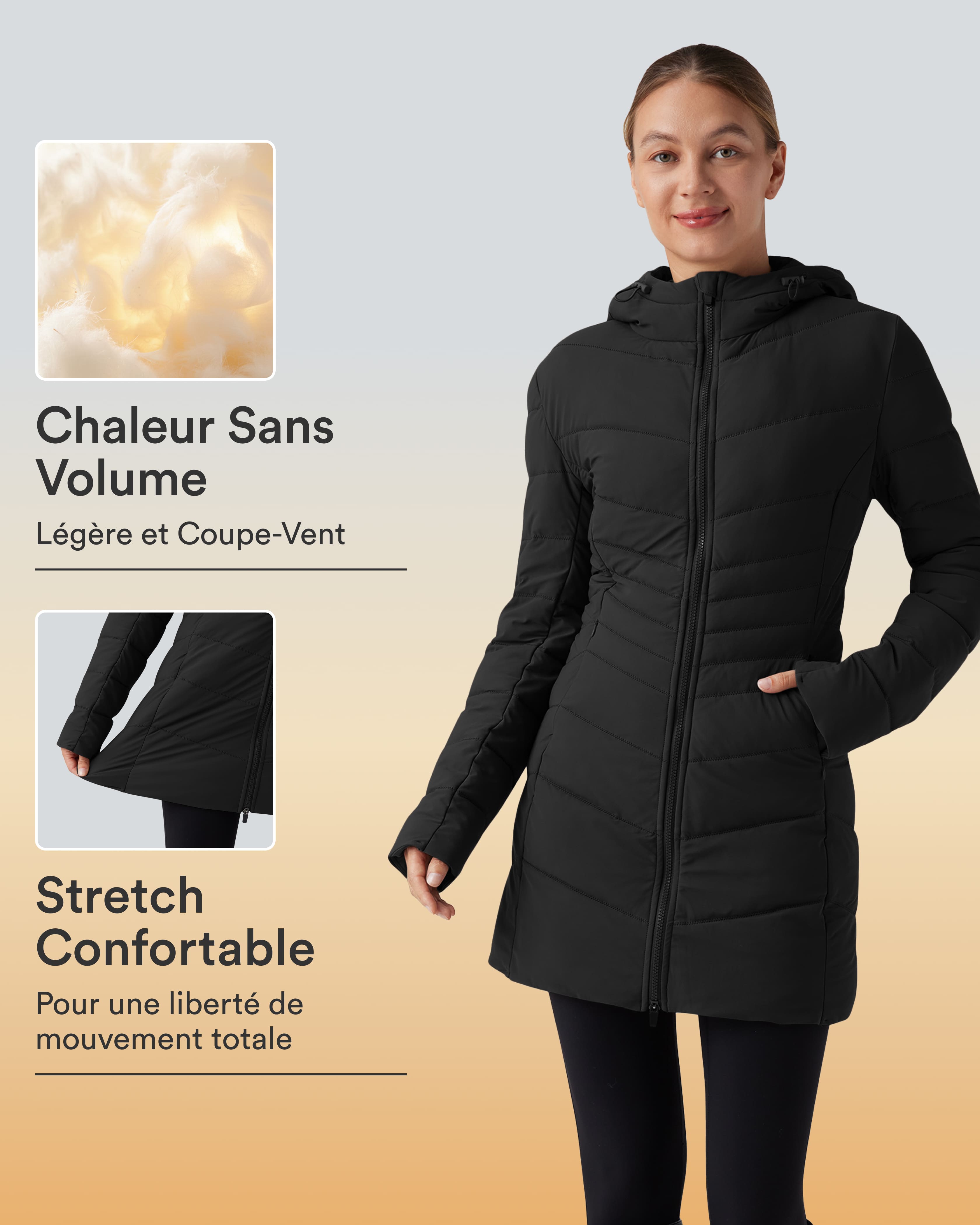 Doudoune longue extensible PuffFlex à capuche avec poches