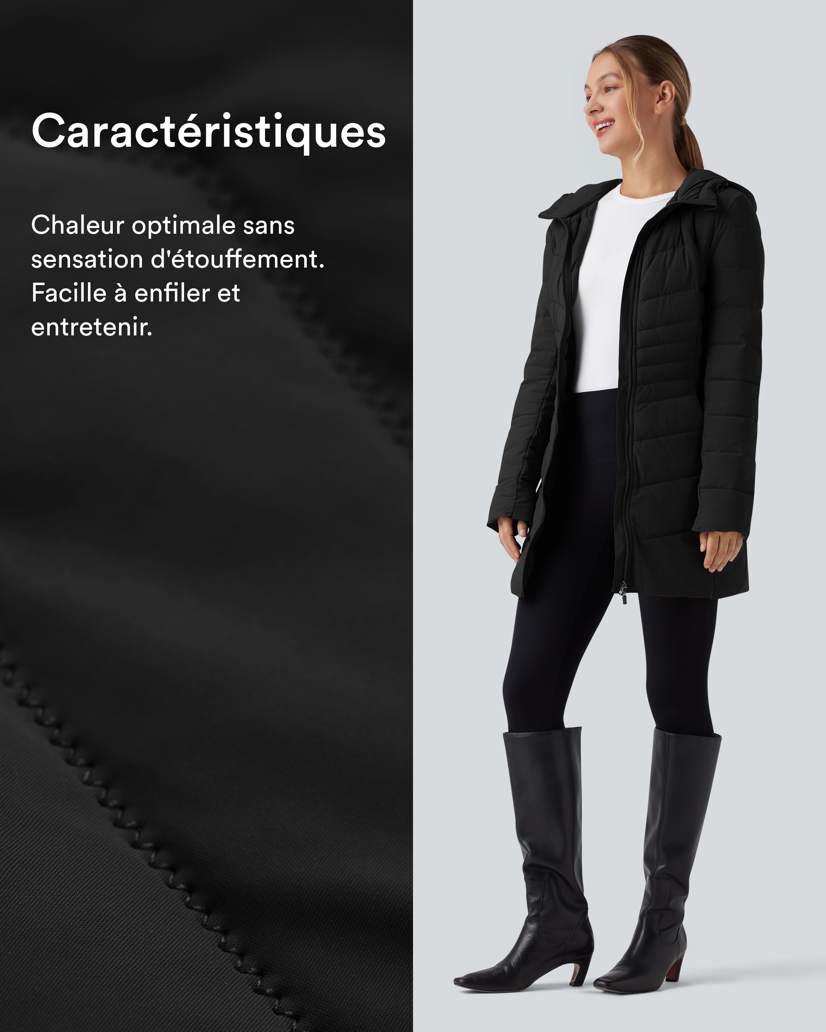 Noir Doudoune longue extensible PuffFlex à capuche avec poches / 2