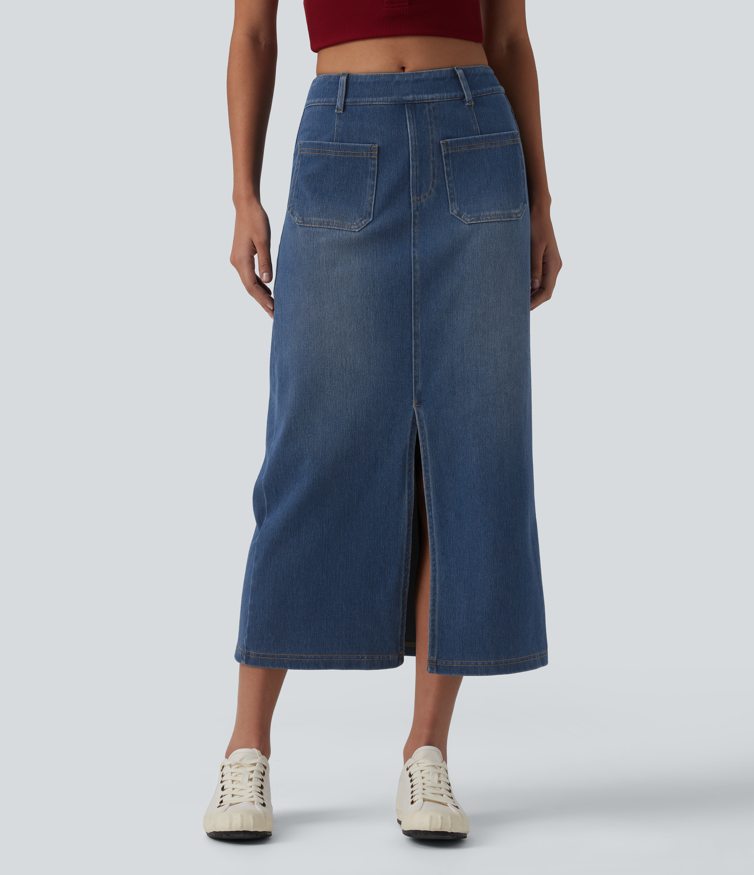 Halara Flex™ Jupe midi casual en jean taille mi-haute avec poches