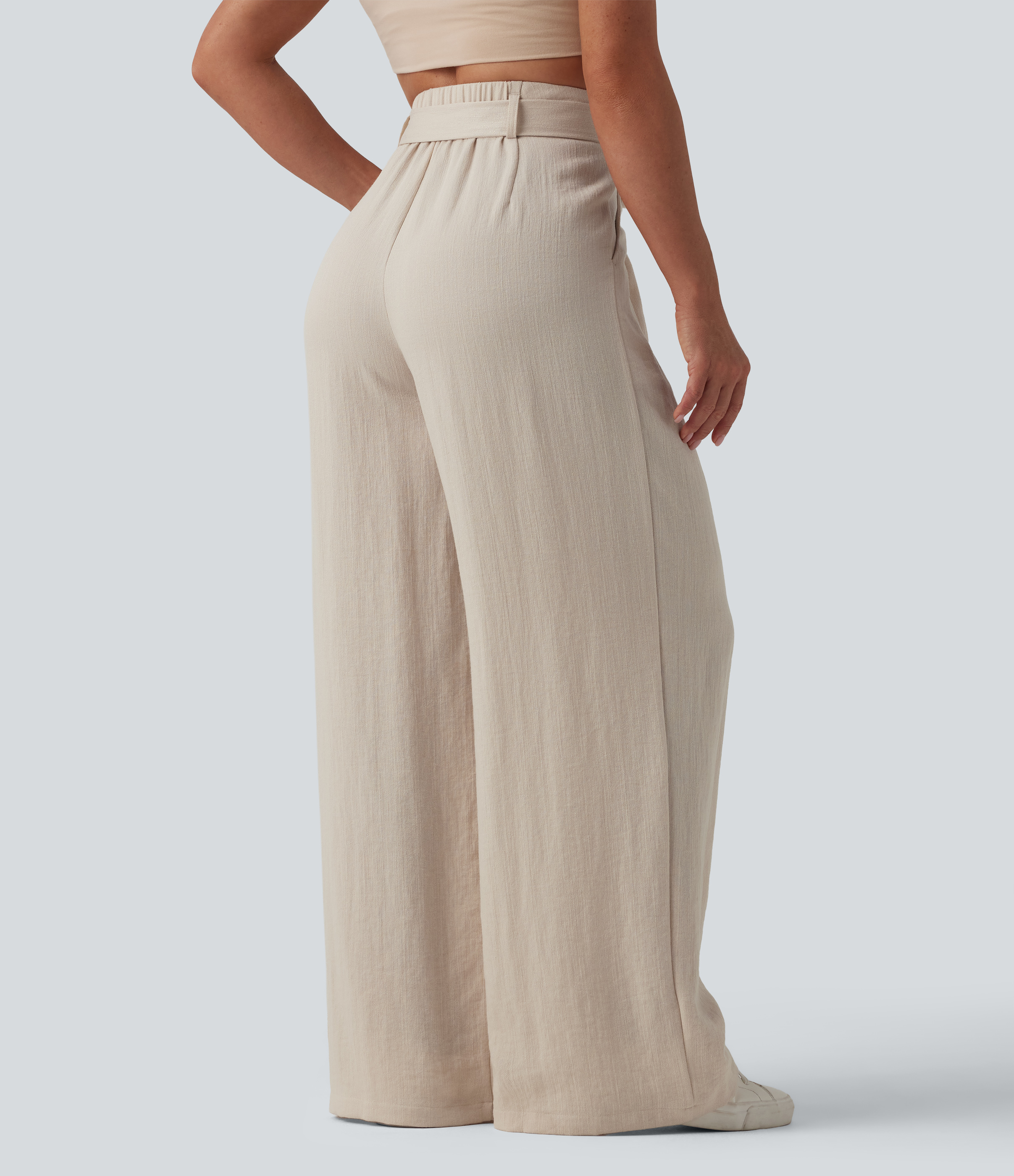 French Oak High Waisted Belted Linen-Feel Casual Baggy Trousers with Pockets / 2