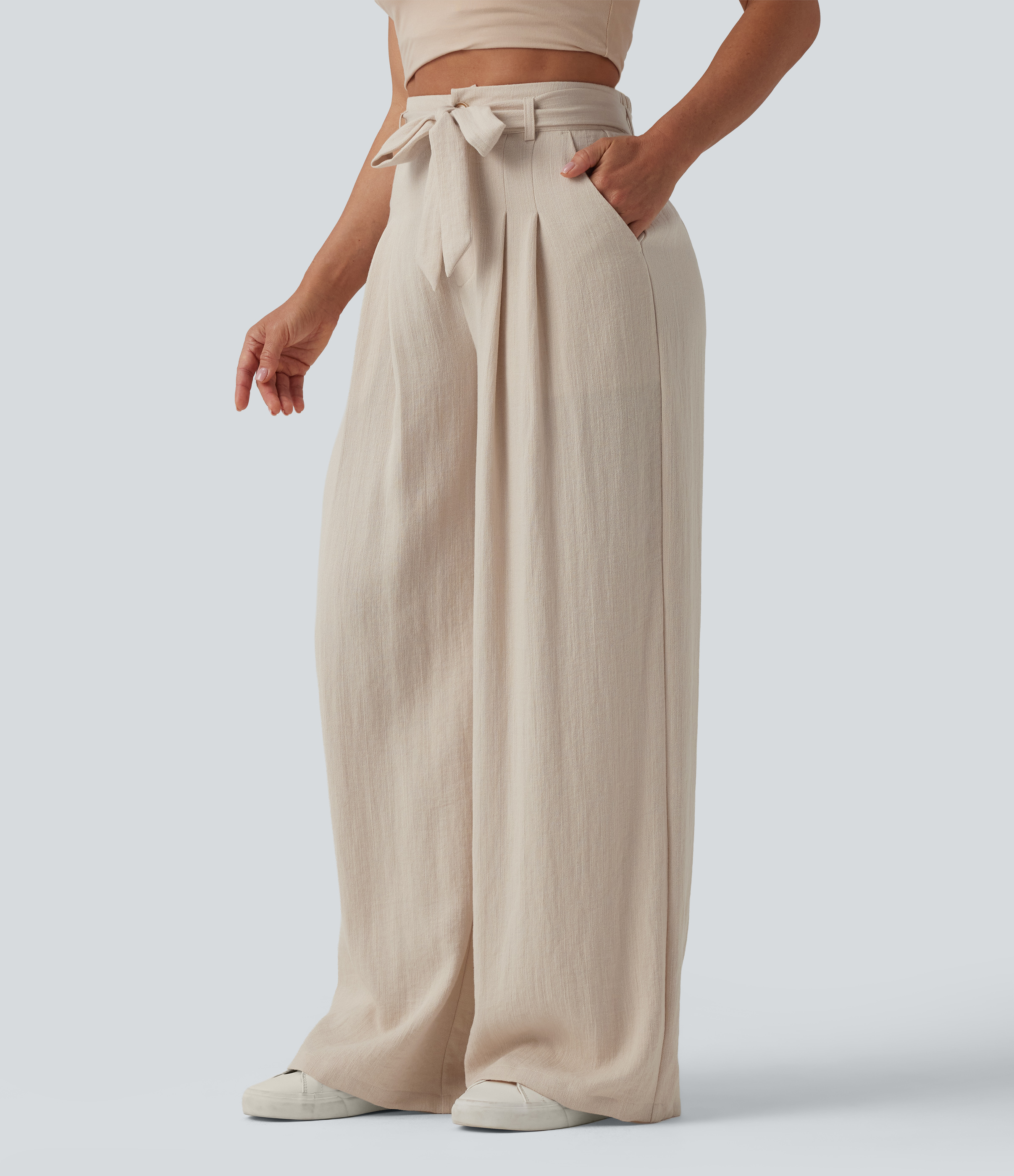 Pantalon casual ample taille haute aspect lin avec ceinture et poches