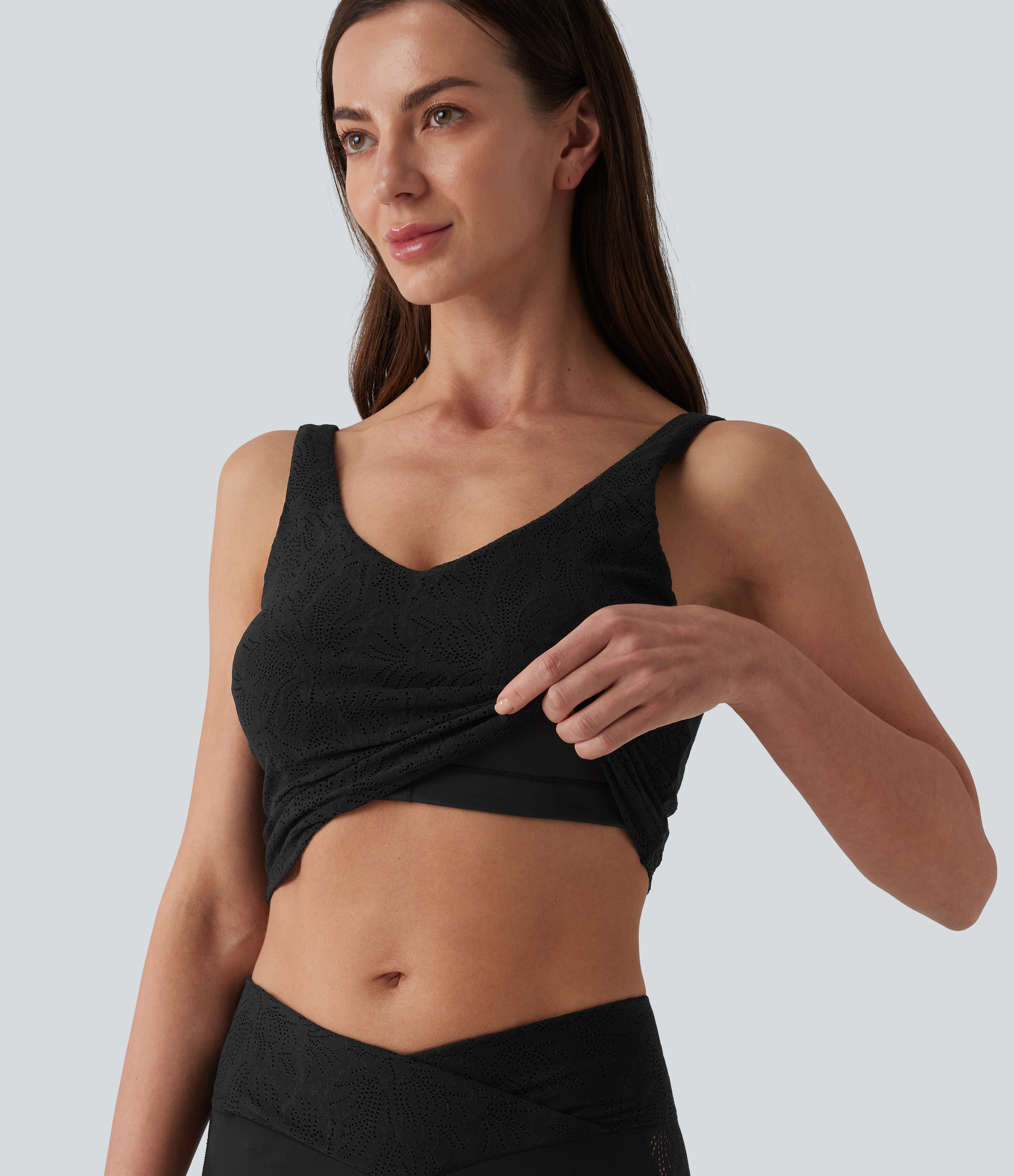 V-neck Scoop Back Contrast Lace Ultra-slim Cropped Yoga Tank Top