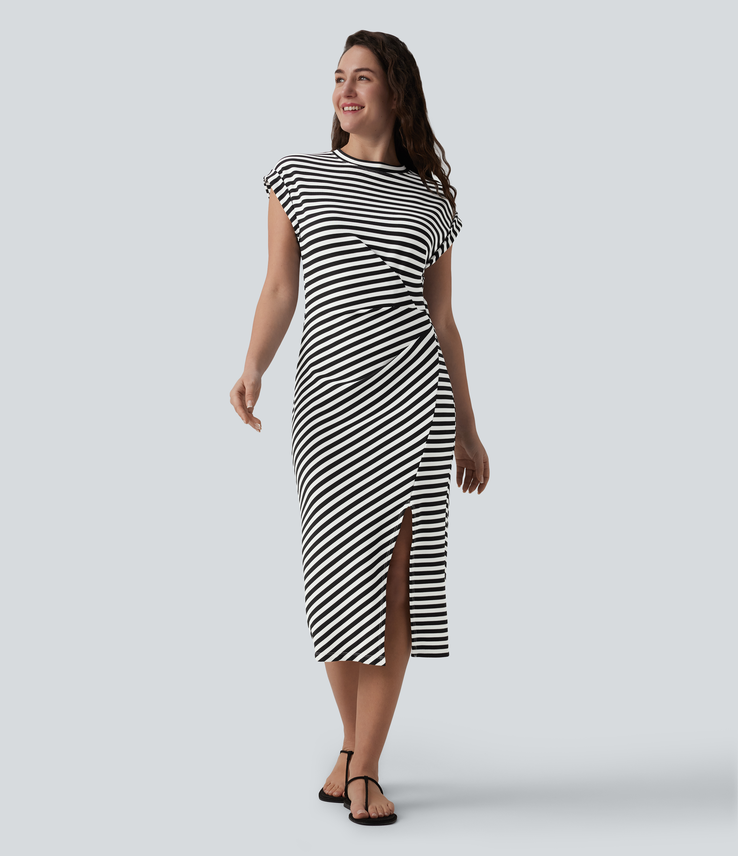 Round Neck Short Sleeve Asymmetrical Split Hem Stripes Waffle Casual Midi T-Shirt Dress