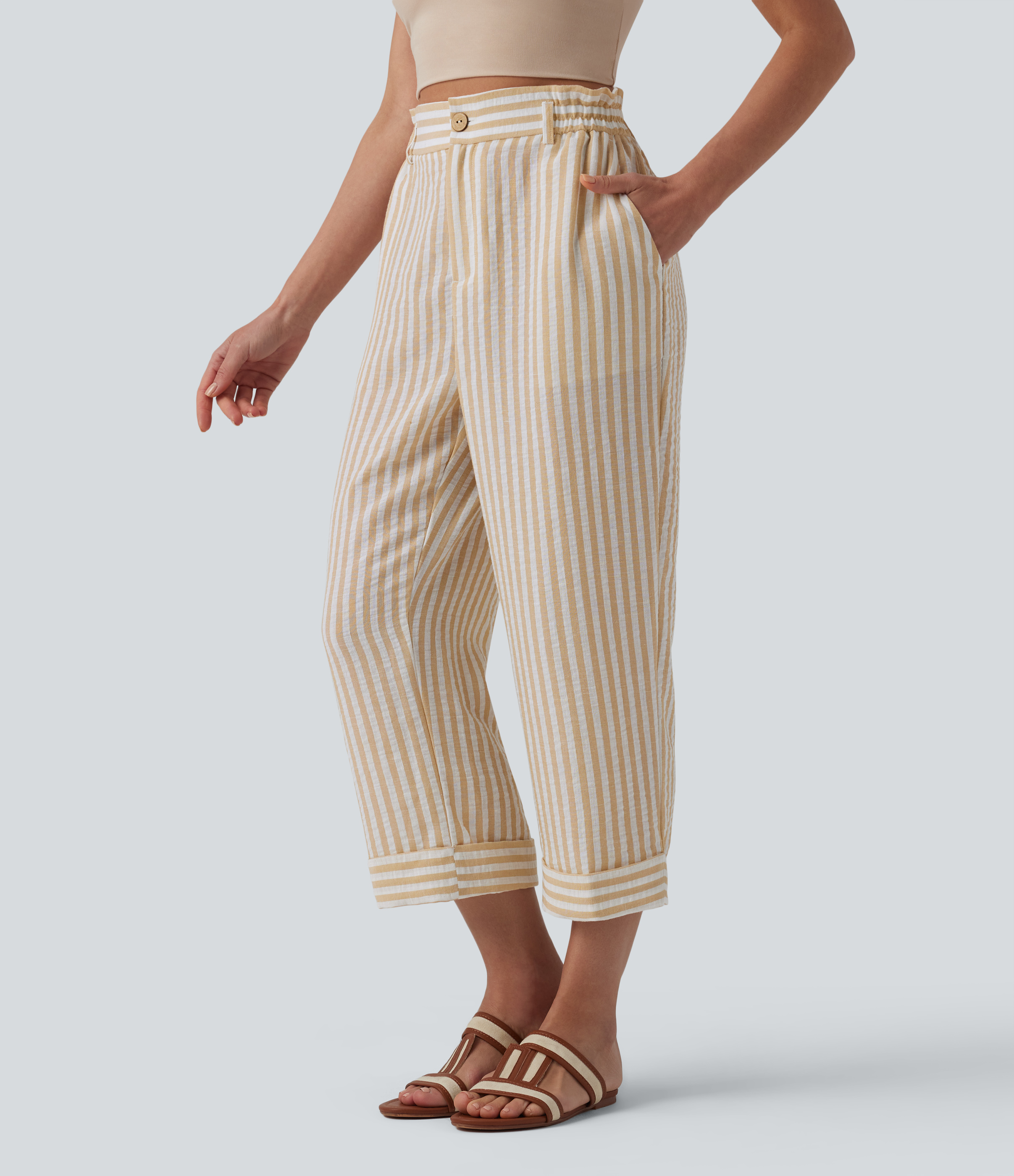 Hochgeschnittene, gestreifte, lässige Hose in Leinenoptik mit Taschen