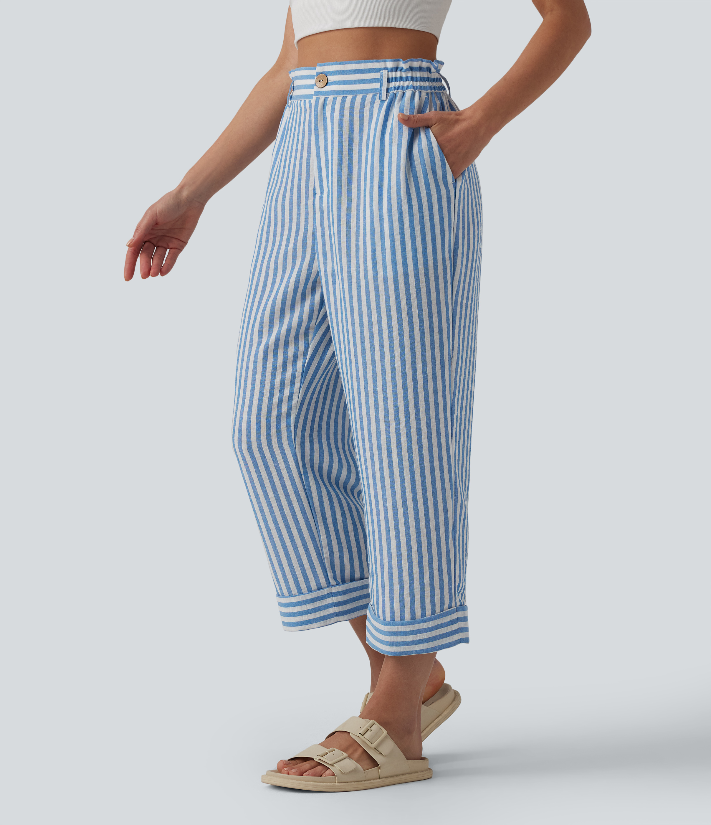 High Waisted Stripe Cropped Casual Linen-Feel Pants with Pockets