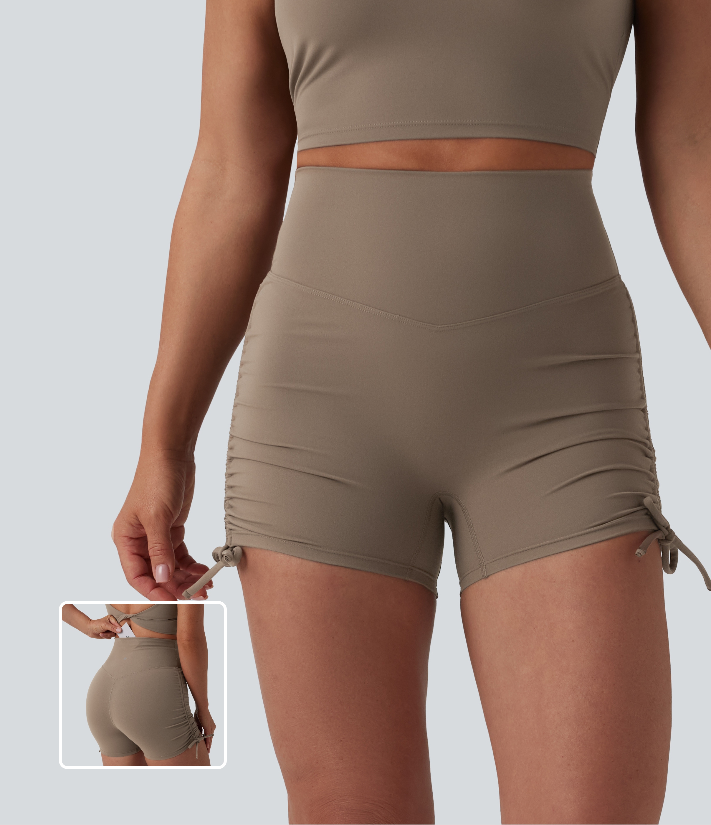 Halara UltraSculpt™ High Waisted Ruched Lace Up Yoga Biker Shorts 3'' with Pocket
