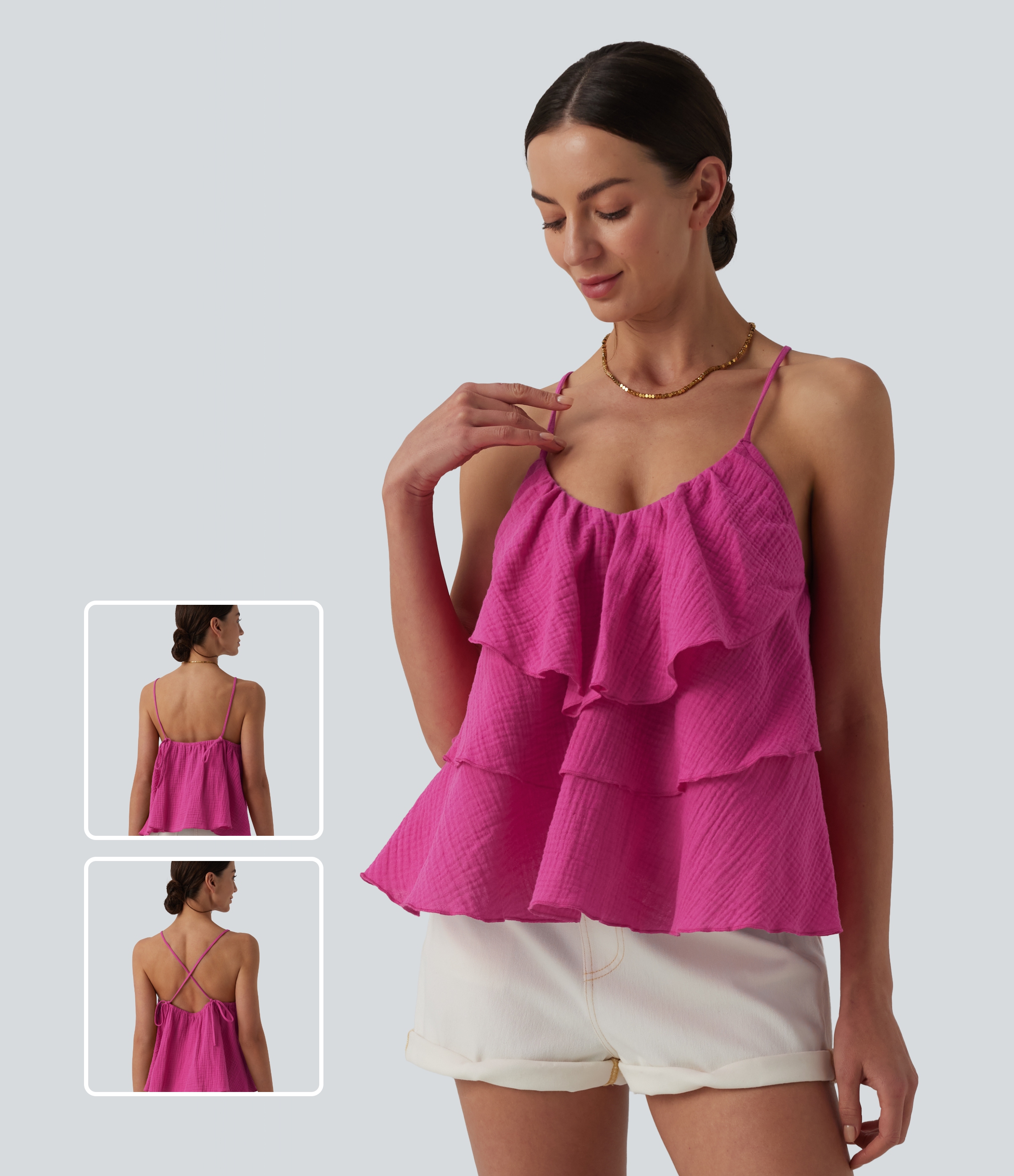 Lace Up Layered Ruffle Hem Cotton Tank Top