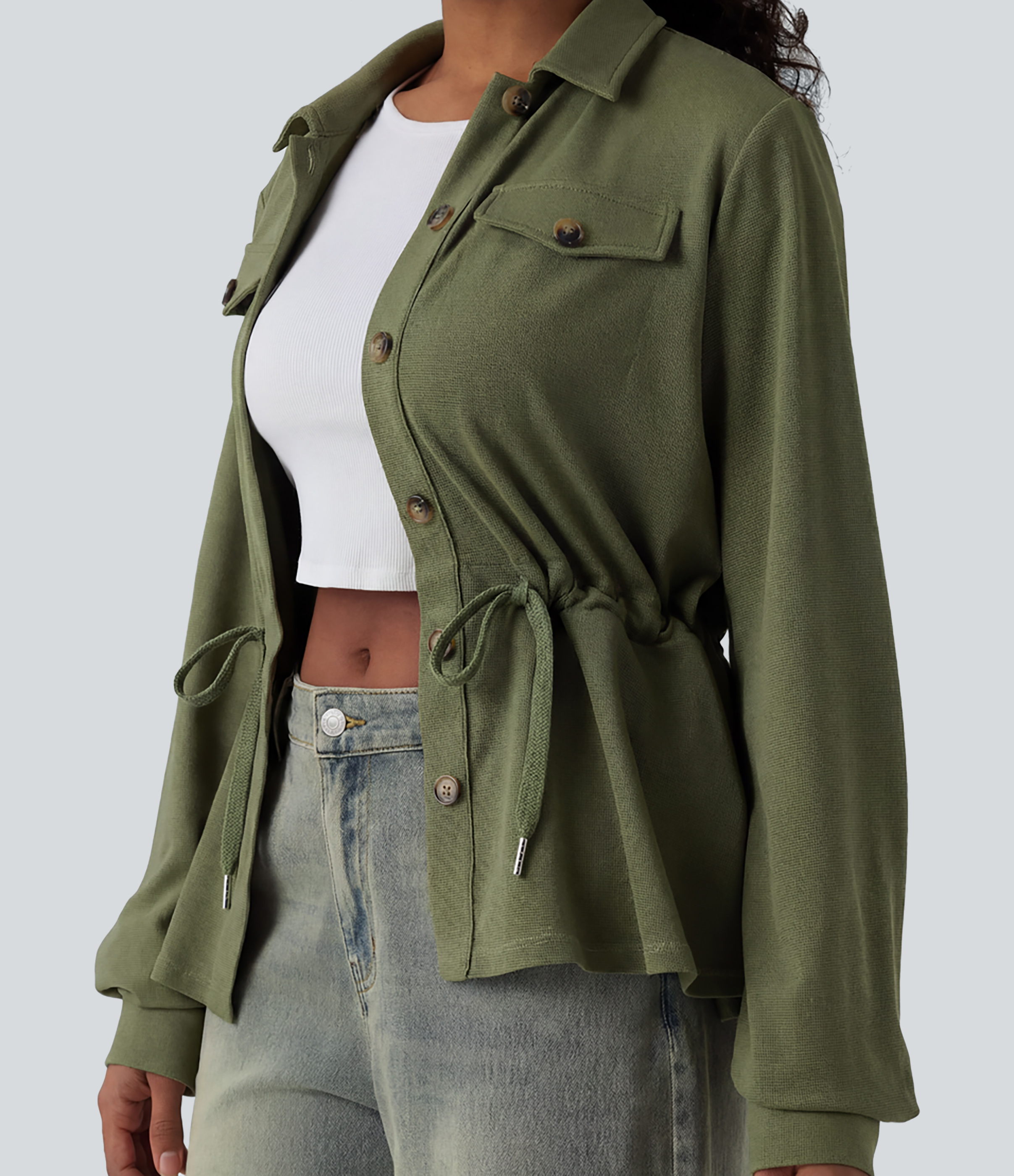 Lässige Jacke mit langen Ärmeln, Kordelzug und Waffelstruktur