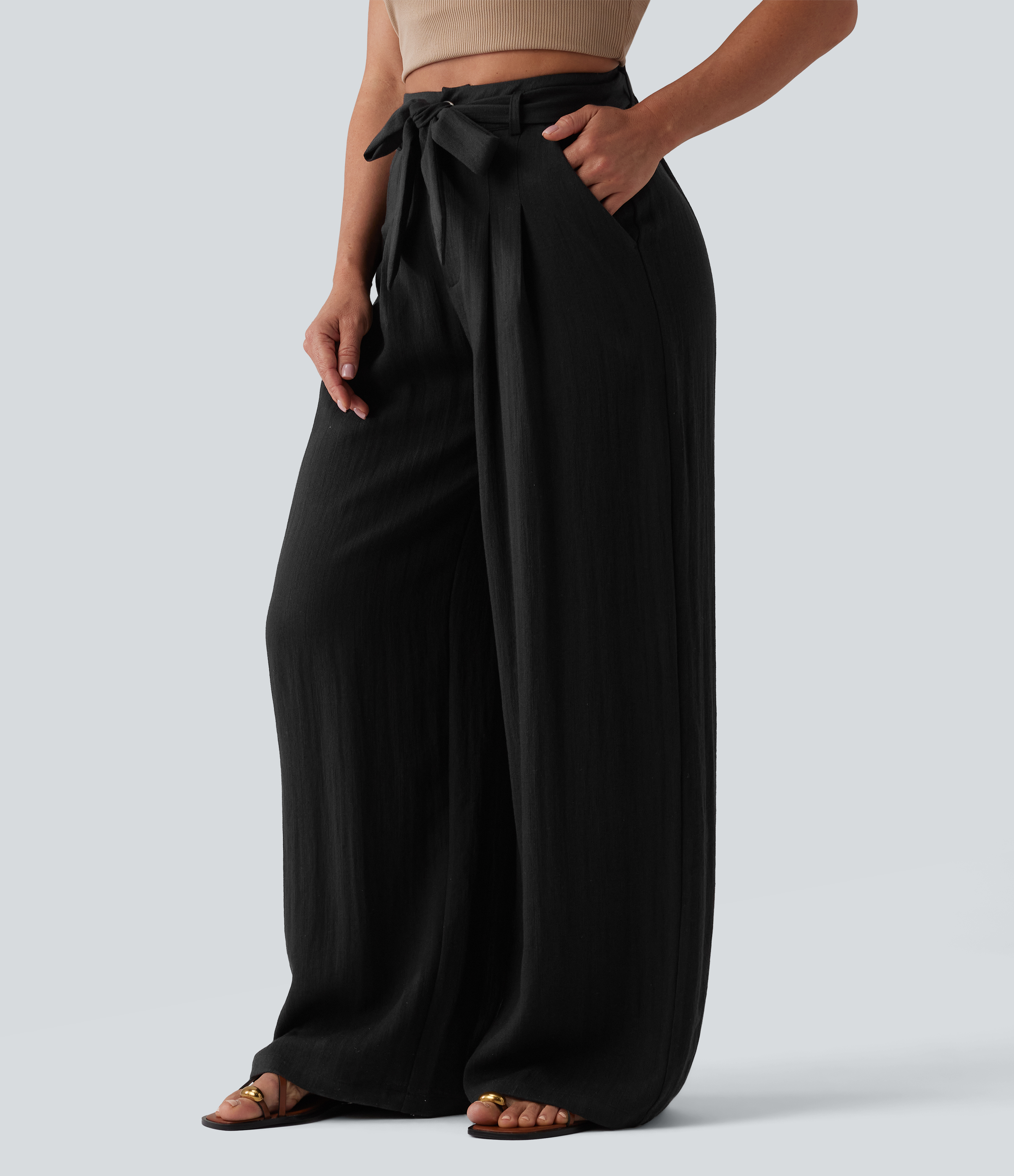 High Waisted Belted Linen-Feel Casual Baggy Pants with Pockets