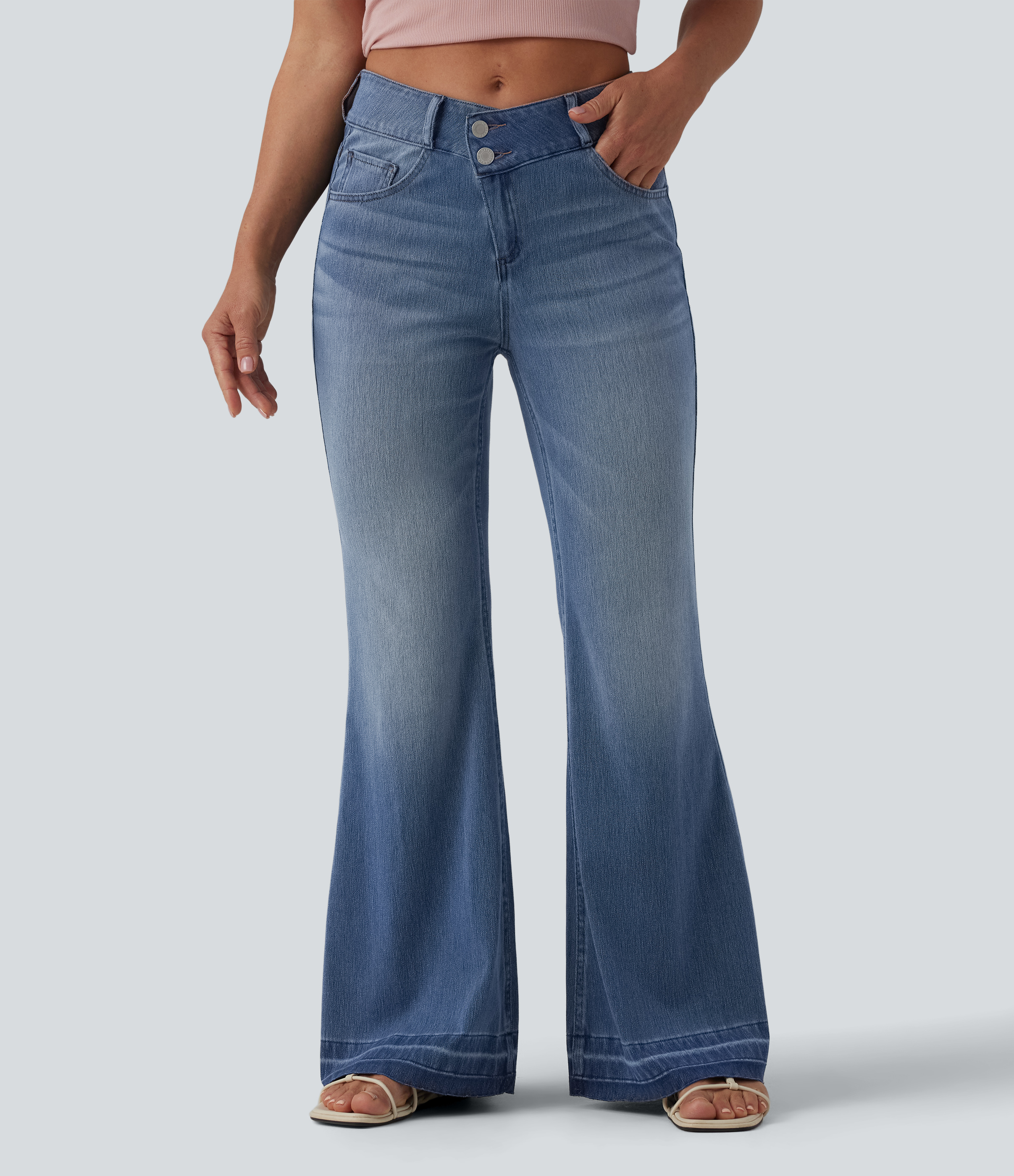  Blue Jasper Denim Halara Flex™ Asymmetric Mid Rise Casual Flare Jeans with Pockets / 1