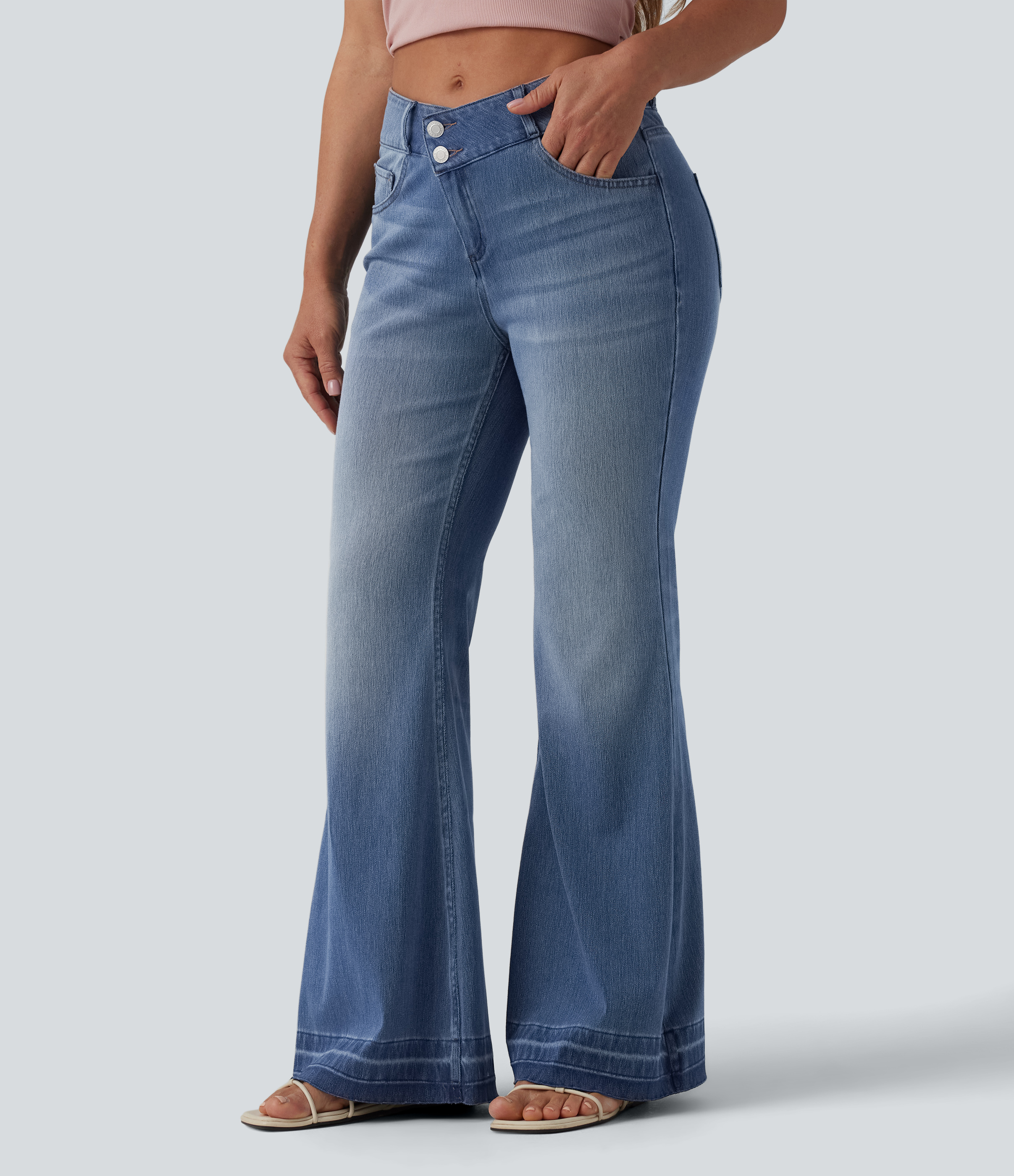 Halara Flex™ Asymmetric Mid Rise Casual Flare Jeans with Pockets